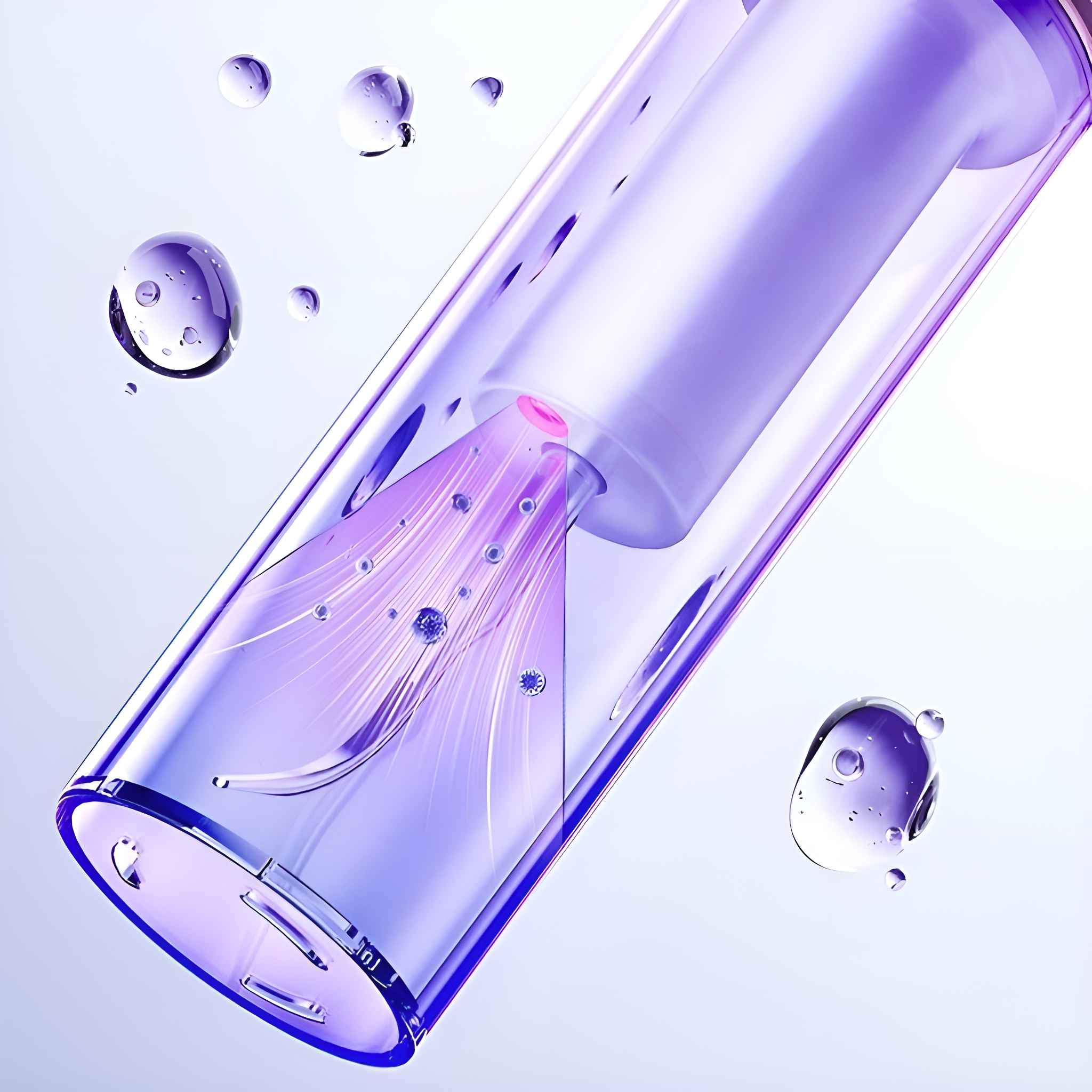 Nahaufnahme eines Geräts, in dem ein violettes Licht scheint, umgeben von Blasen.