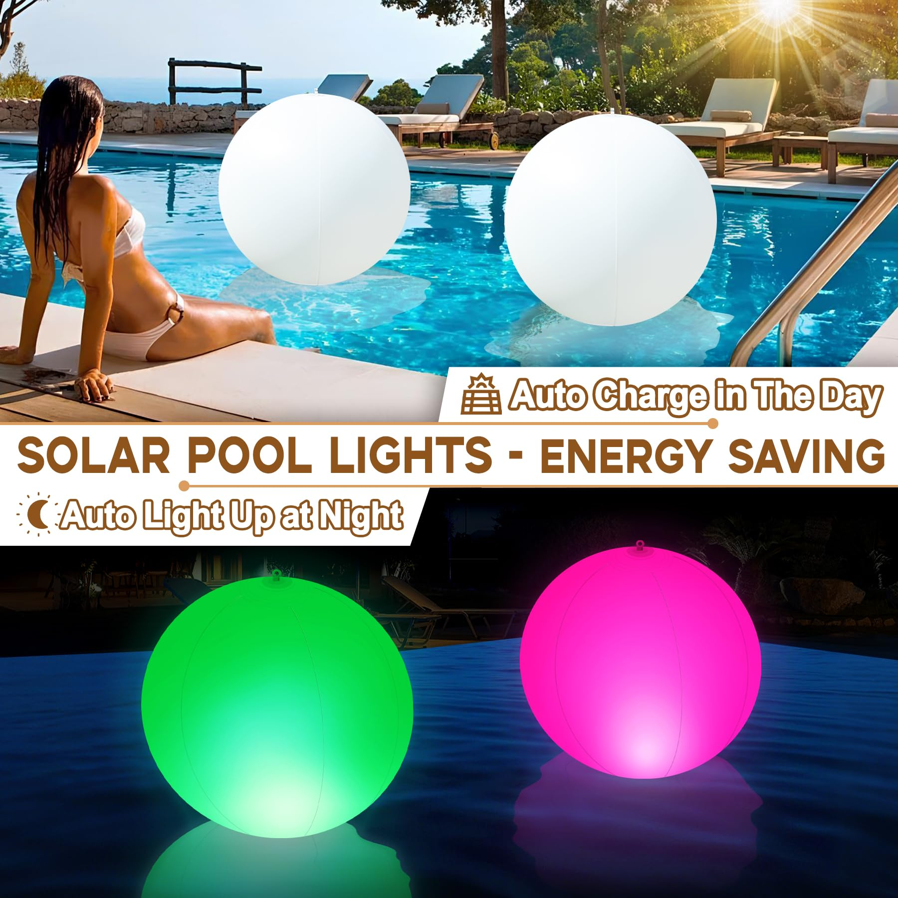 Pool mit bunten schwimmenden Bällen. Text sagt 'Solar Pool Lights'.
