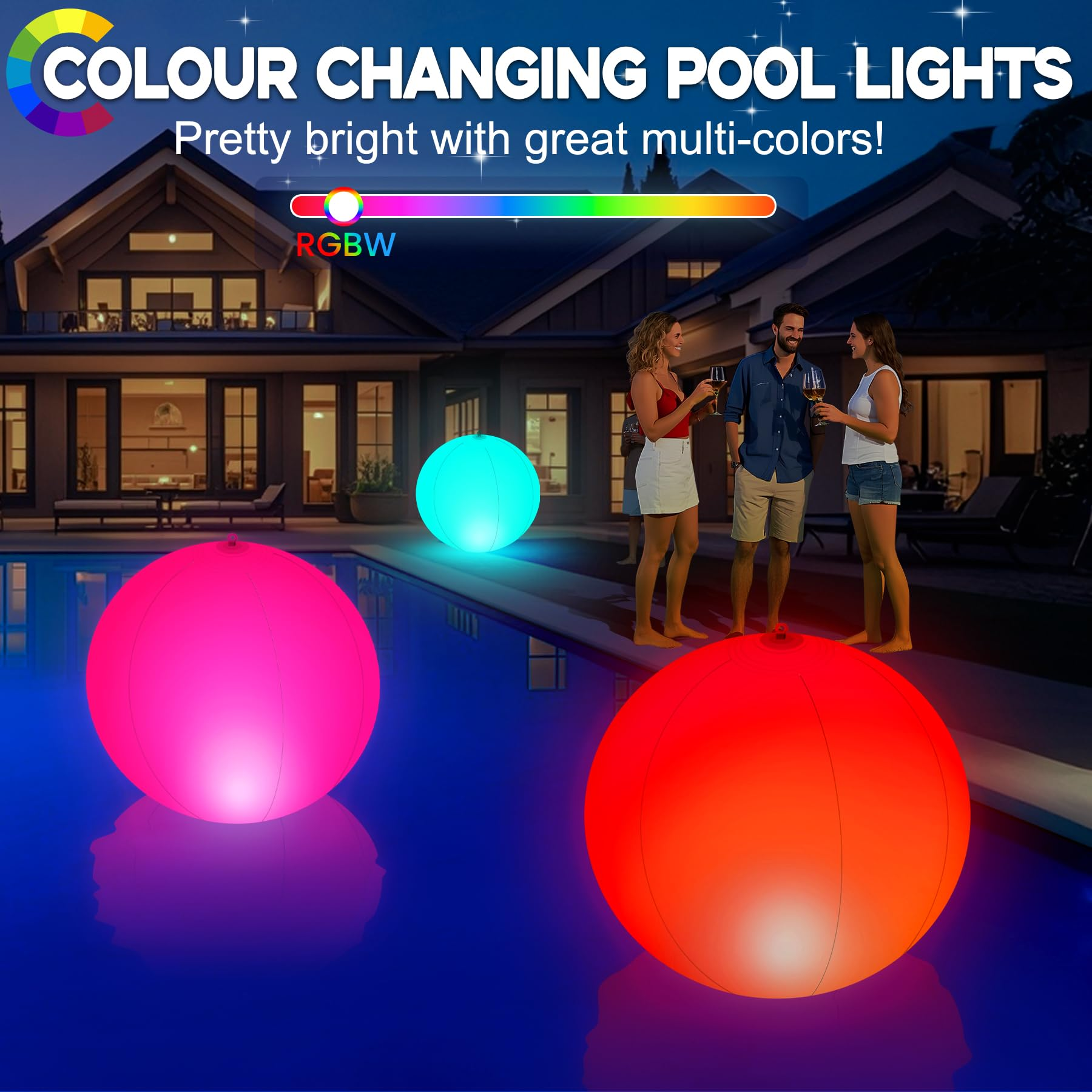 Eine Poolszene mit drei leuchtenden Kugeln. Text sagt 'Colour Changing Pool Lights'.