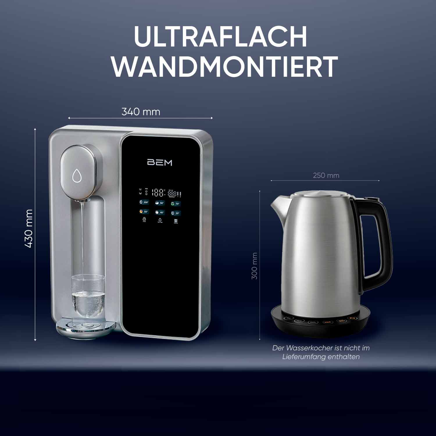 Ein wandmontierter Wasserspender neben einem Wasserkocher. Beide sind silberfarben, mit angegebenen Abmessungen.
