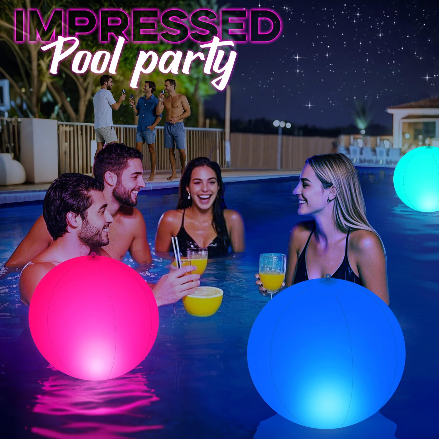 Poolparty-Szene mit Menschen im Pool bei Nacht, mit leuchtenden Kugeln im Wasser. Die Leute trinken und lächeln.