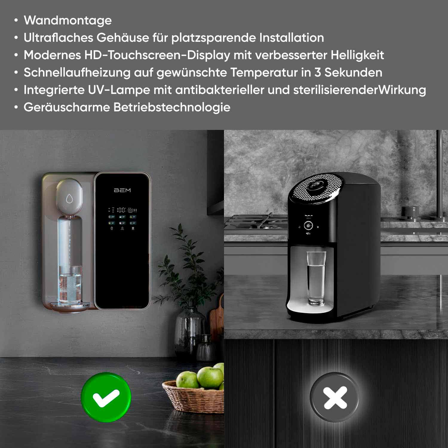 Ein wandmontierter Wasserspender, ein schwarzes Küchengerät und ein grünes Häkchen und ein rotes X.