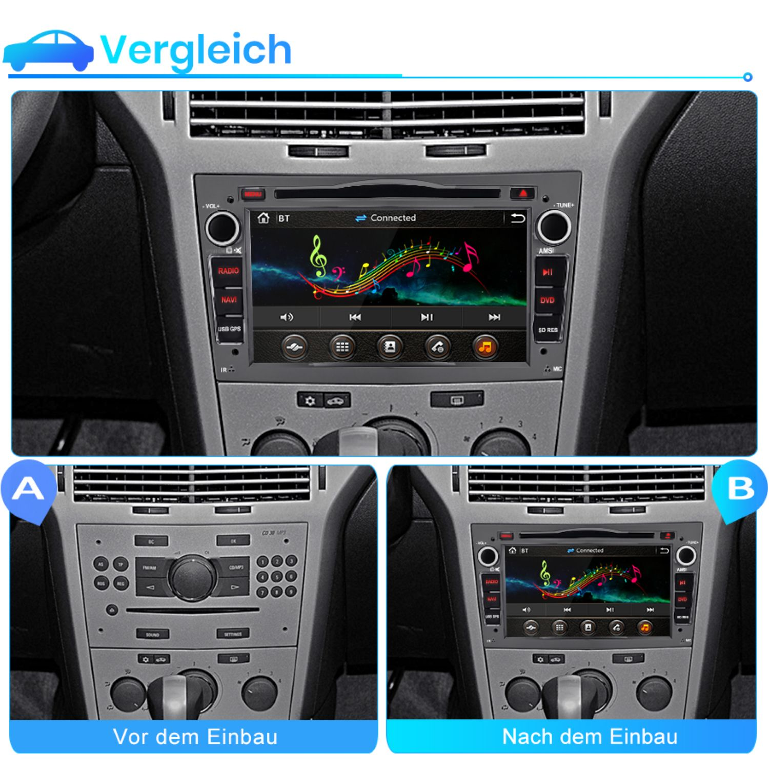 Autoinstrumententafel mit Radiovergleich. Oberes Bild zeigt installiertes Radio, unten vorher und nachher.