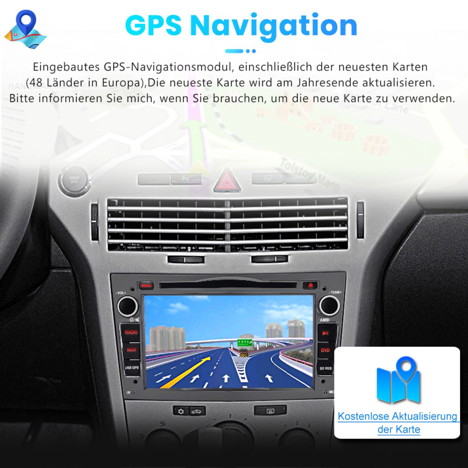 Armaturenbrett mit GPS-Navigationsbildschirm und Karten-Icon mit Text.