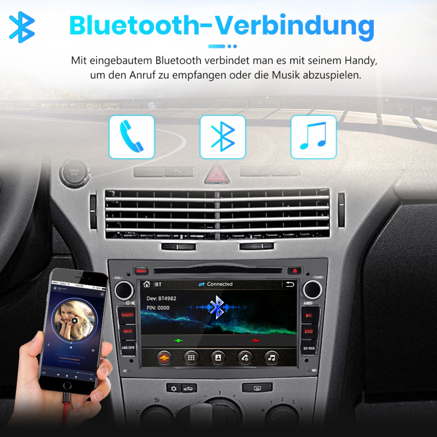 Autoinstrumententafel mit Musik anzeigendem Telefon, verbunden mit Bluetooth. Bluetooth- und Noten-Symbole werden gezeigt.