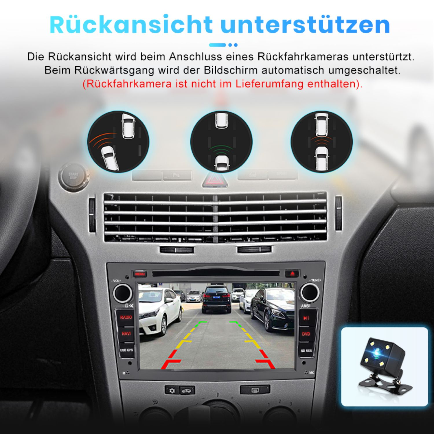 Autoradiobildschirm mit Rückfahrparksensoren. Der Bildschirm zeigt die Ansicht des Autos mit visuellen Anzeigen von Objekten um es herum.