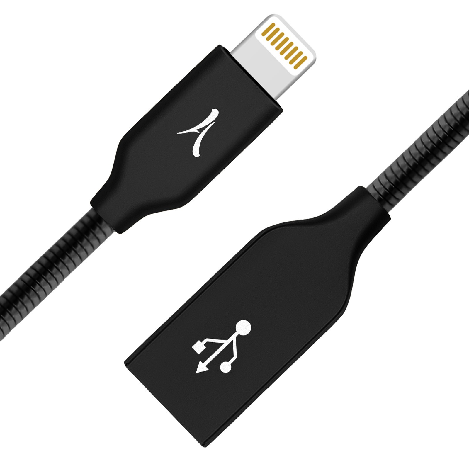 Câble USB vers Lightning noir, avec un logo blanc et une icône USB.