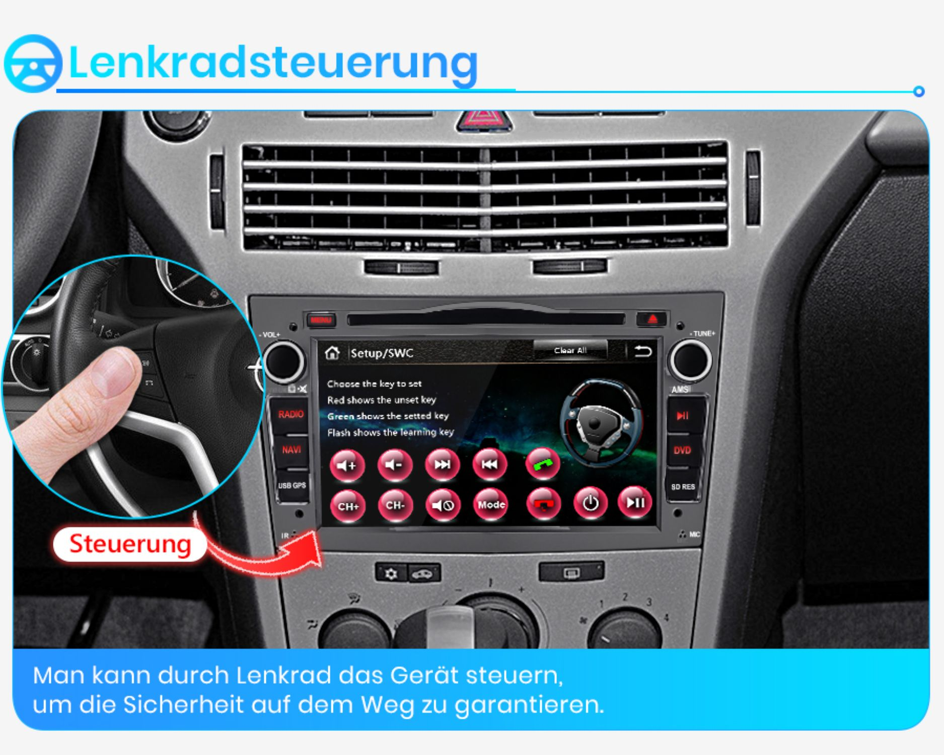Auto-Stereo-Schnittstellenbildschirm mit Einstellungen. Eine Hand benutzt die Lenkradbedienelemente. Text auf Deutsch: Lenkradsteuerung.