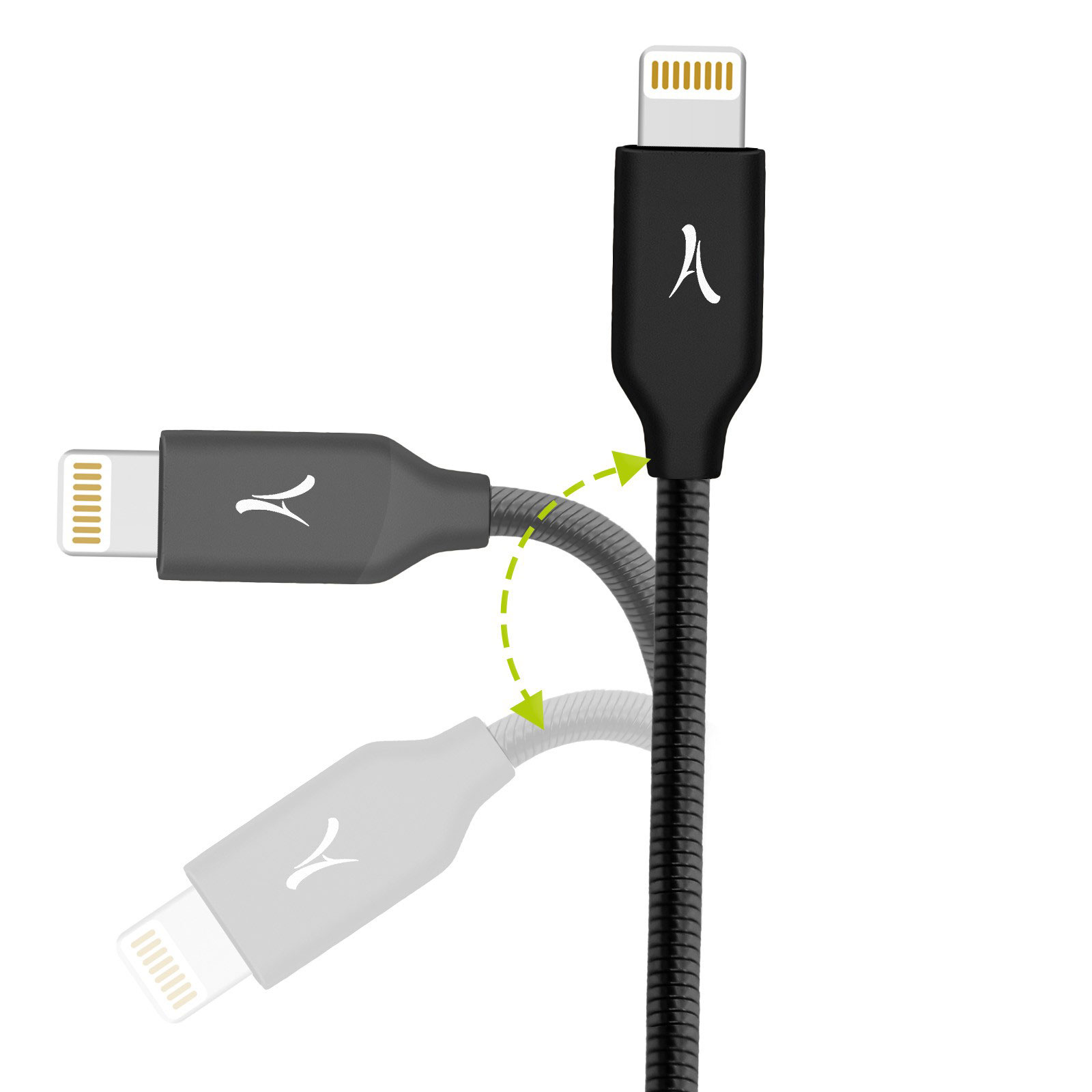 Un câble de charge noir avec un connecteur Lightning. Le câble a une conception flexible, lui permettant de se plier et de se fléchir facilement.