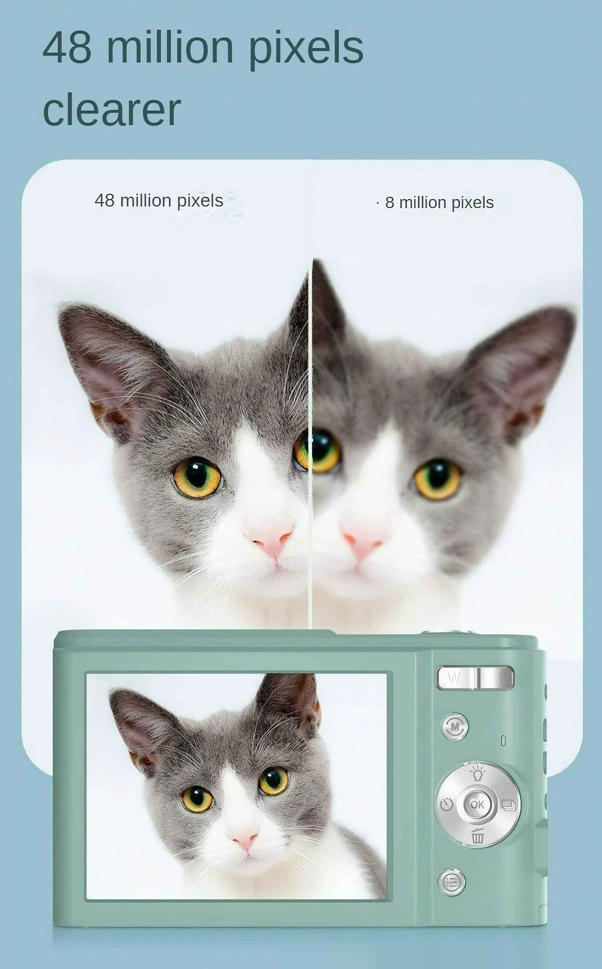 Bildvergleich eines Katzenkopfes. Links: 48 Millionen Pixel. Rechts: 8 Millionen Pixel. Darunter eine Kamera.
