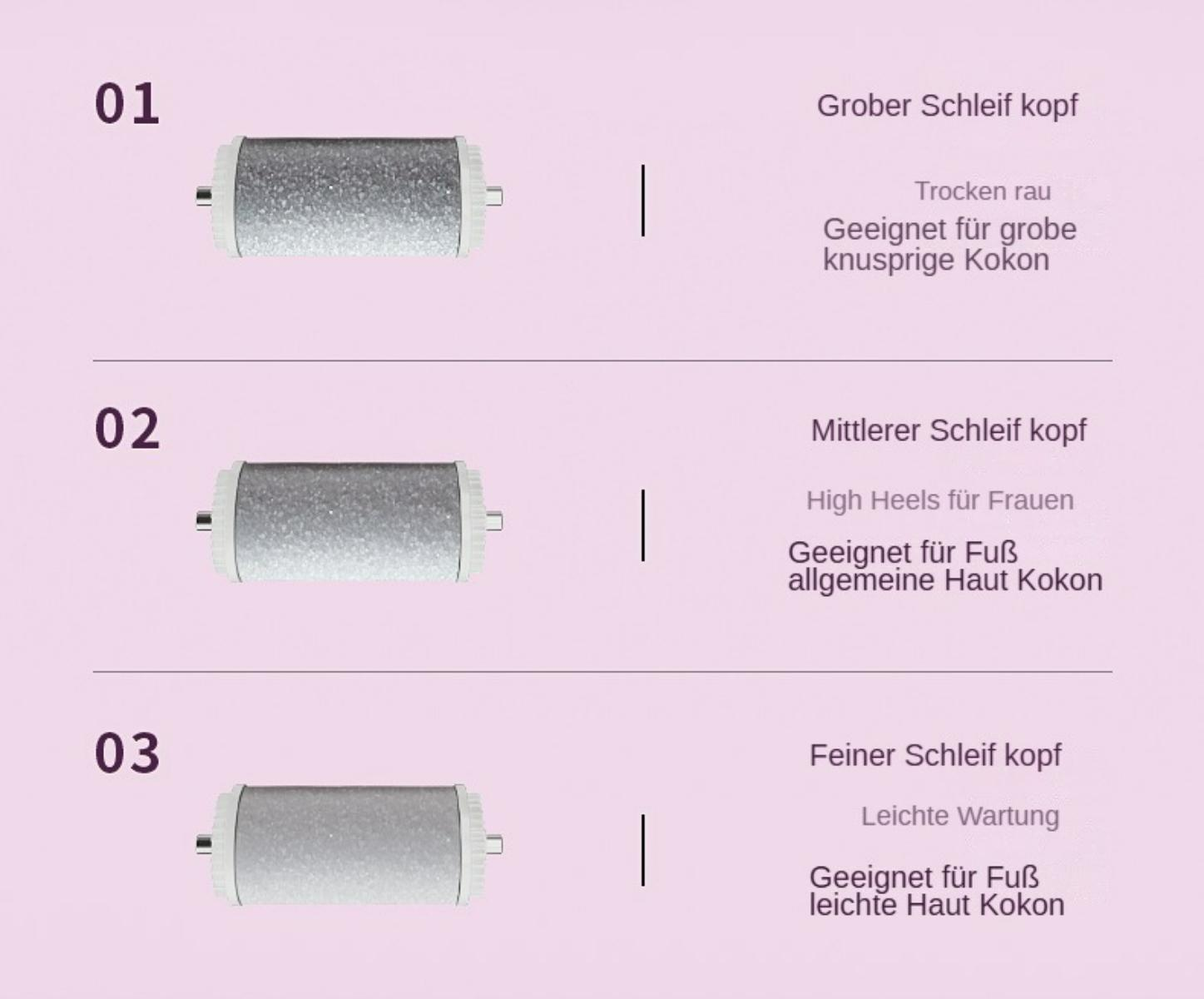 Drei Ersatzköpfe für Fußschleifer mit Text. Jeder Kopf hat eine andere Textur für unterschiedliche Fußpflege.