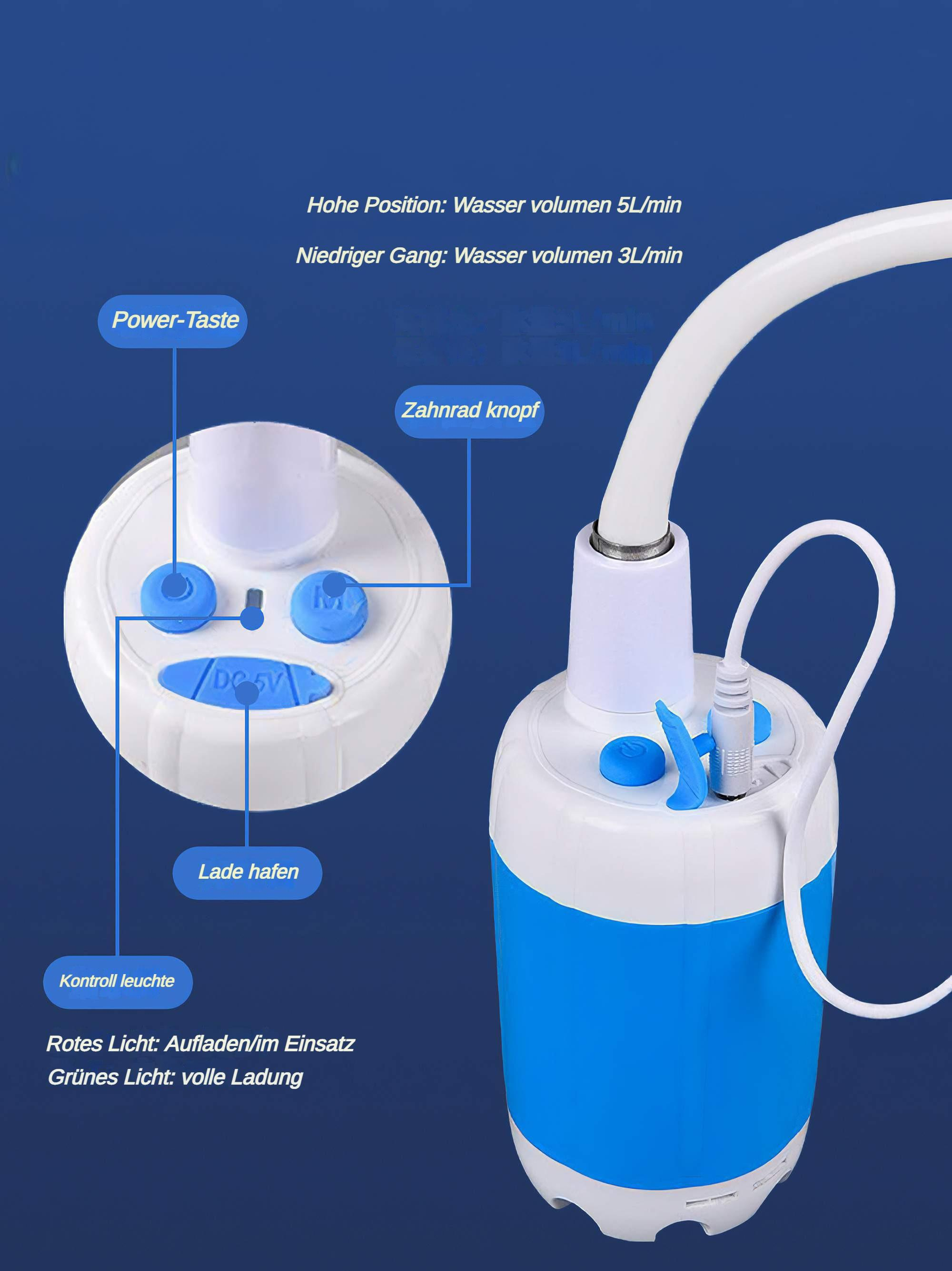 Eine weiße und blaue tragbare Wasserpumpe mit Knöpfen und einem Schlauch. Text beschriftet Teile.