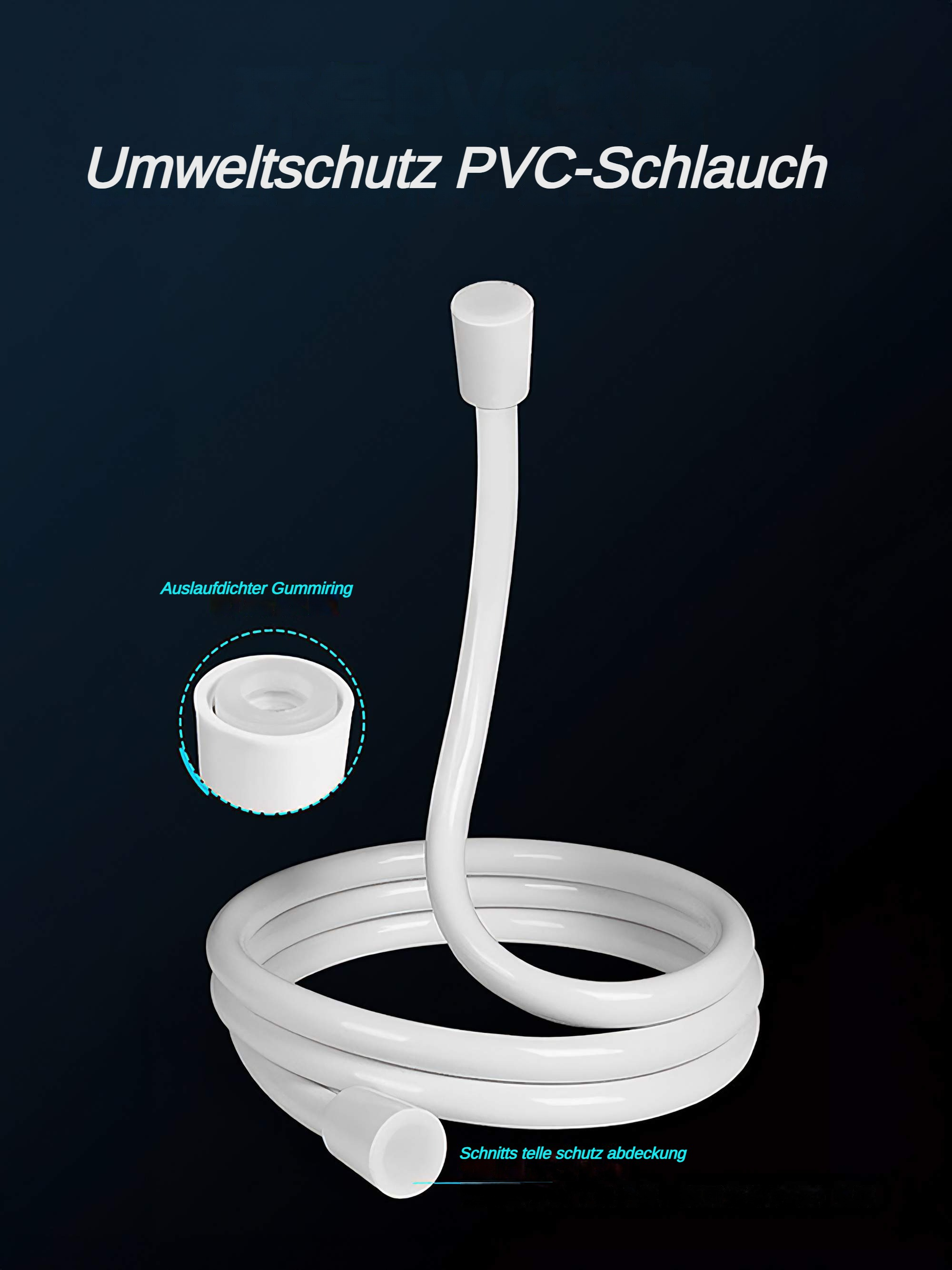 Ein weißer PVC-Schlauch mit zylindrischem Ende auf dunklem blauem Hintergrund. Text auf Deutsch ist sichtbar.