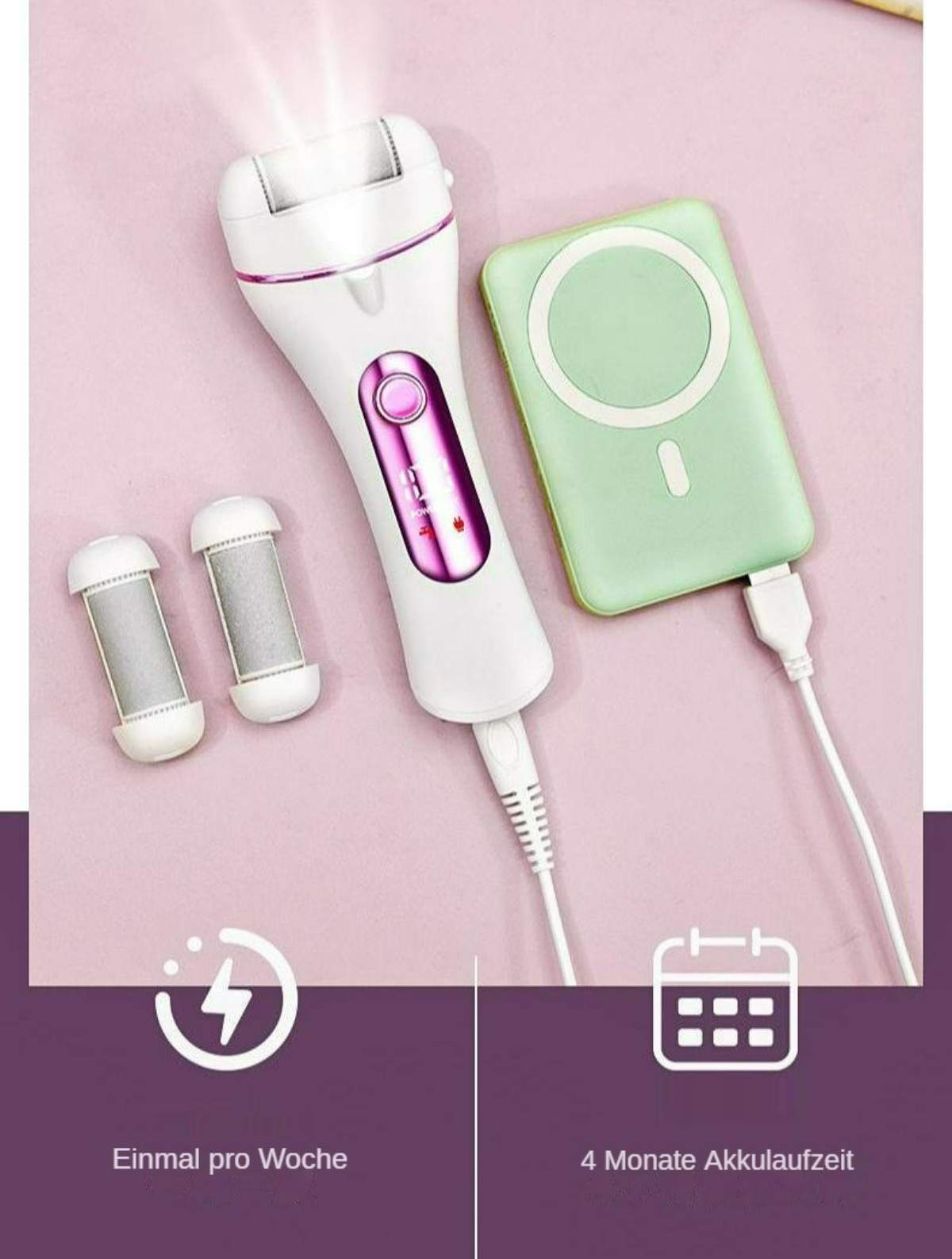 Weißes elektrisches Fußfeile mit zwei Ersatzrollen und einer grünen Powerbank.