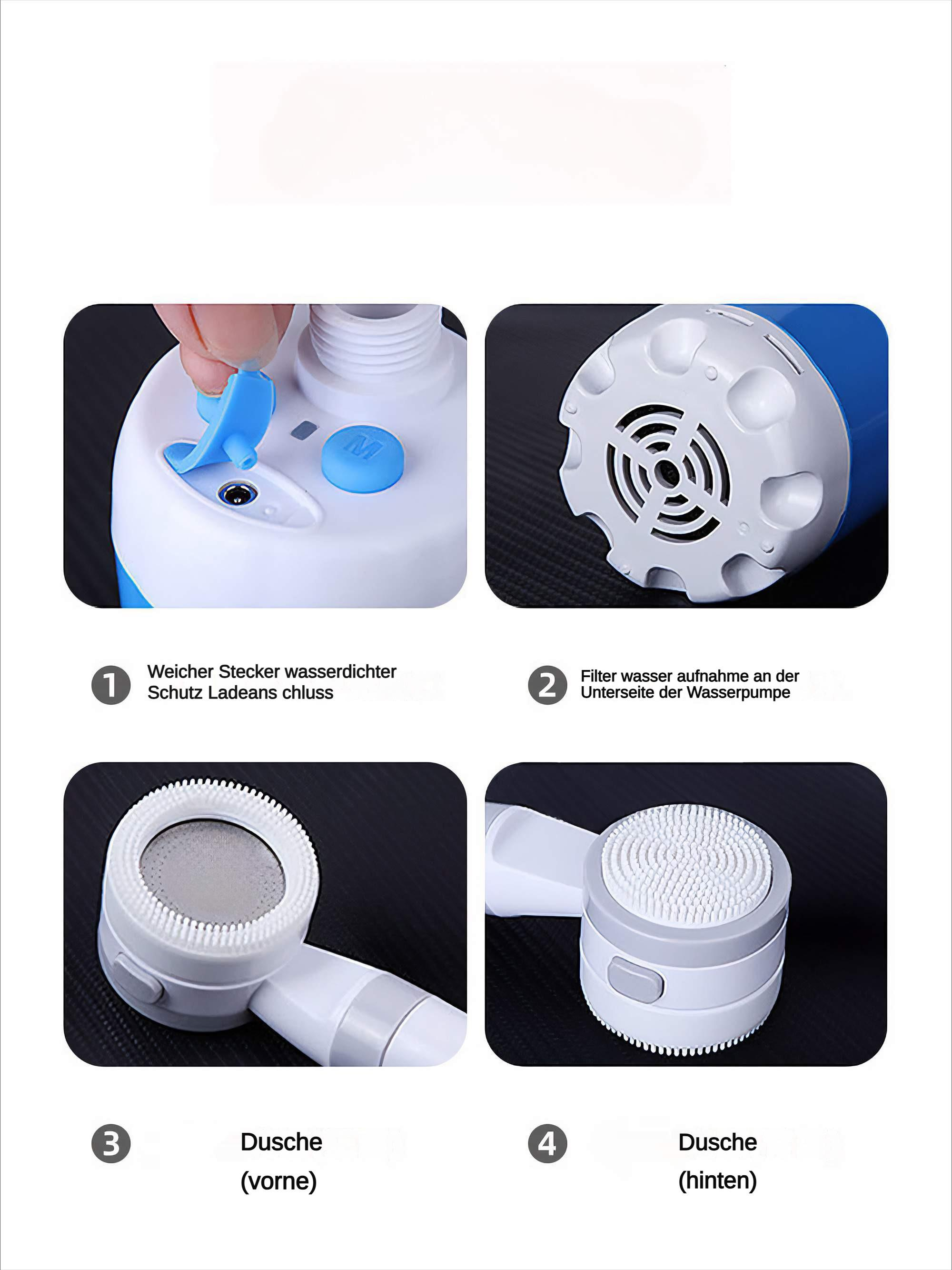 Vier Bilder zeigen Details einer blau-weißen Duschpumpe, darunter der Stecker und die Duschköpfe.