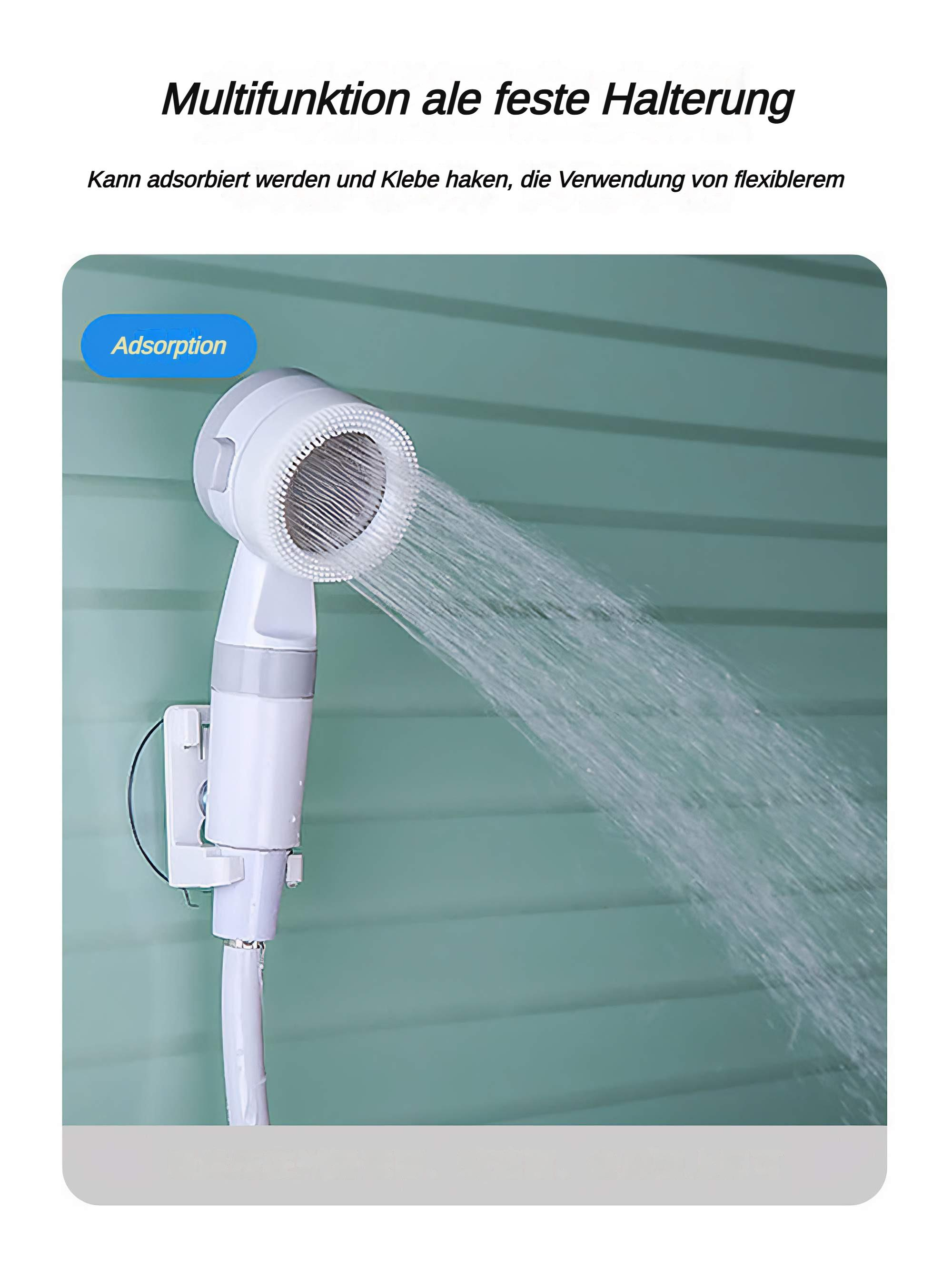 Ein weißer Duschkopf ist an einer grünen Wand montiert und sprüht Wasser.