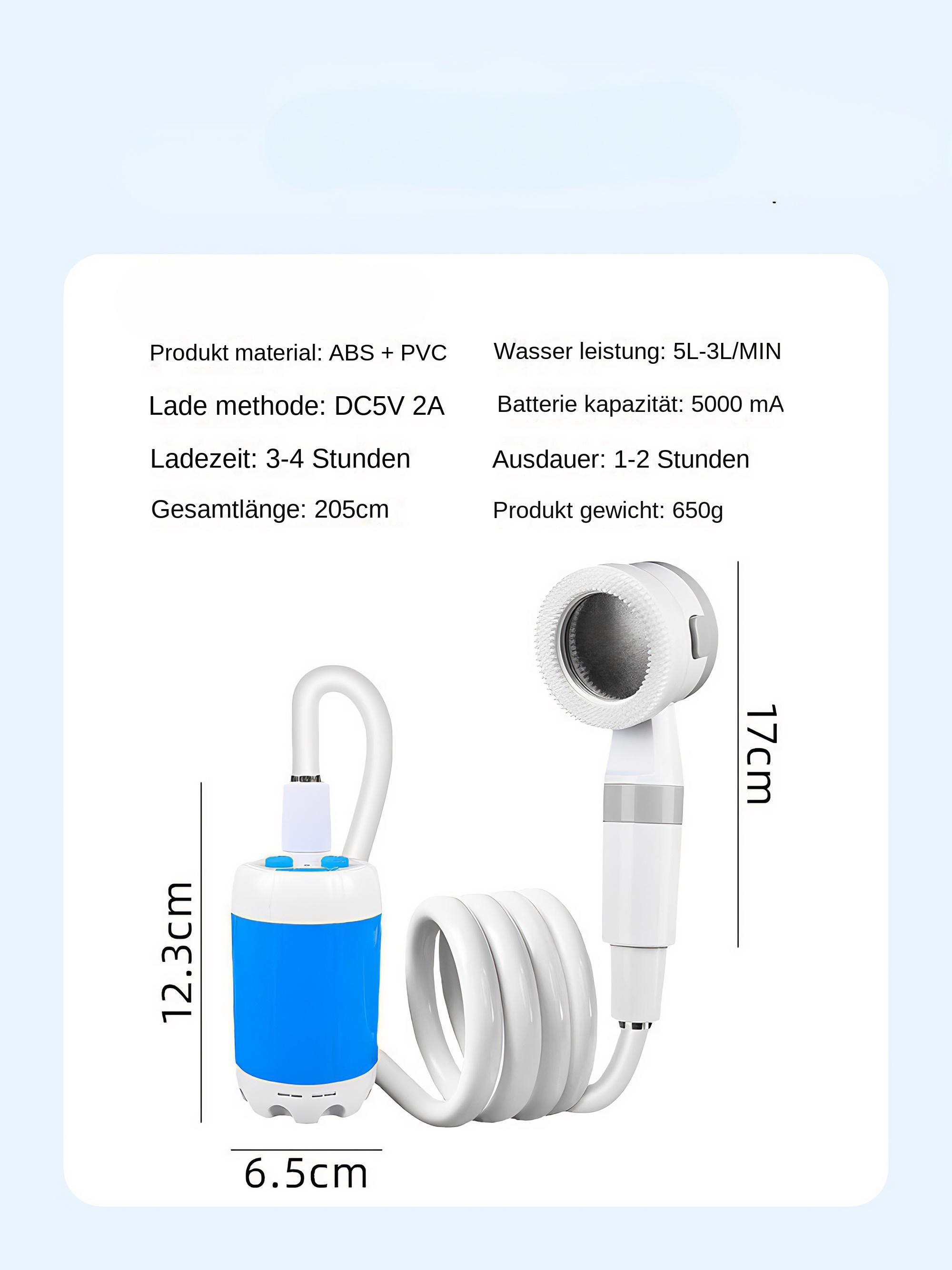 Eine blau-weiße tragbare Dusche mit Abmessungen und Spezifikationen.