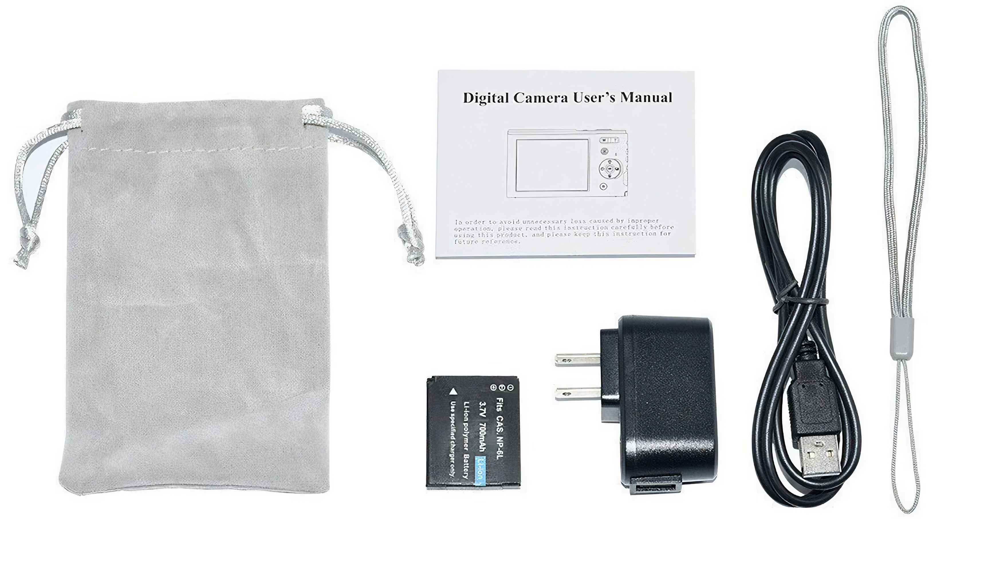 Ein Digitalkamera-Kit enthält eine Tasche, ein Handbuch, ein Ladegerät, einen Akku und ein Schlüsselband auf Weiß.