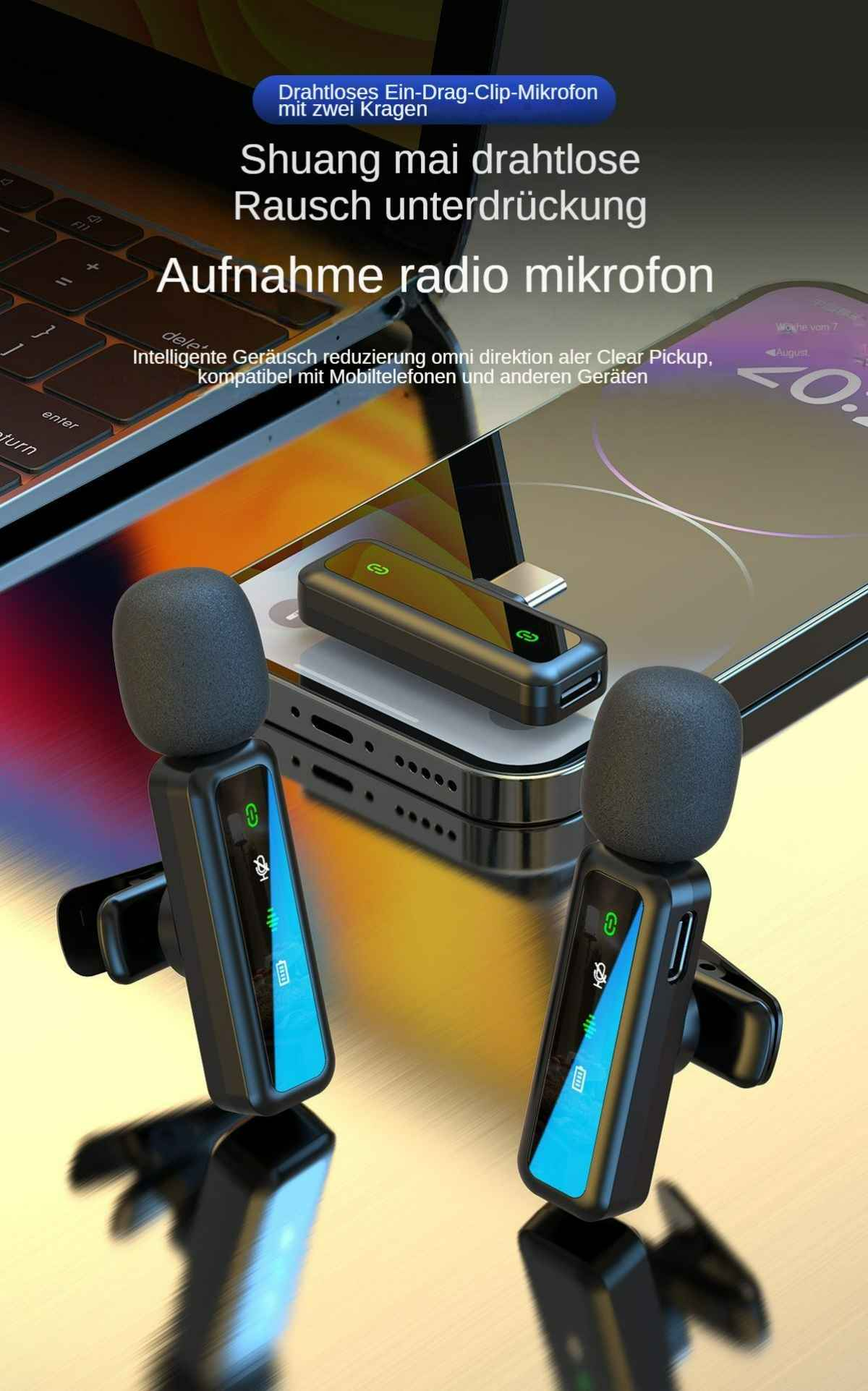 Zwei drahtlose Mikrofone, die an ein Smartphone angeschlossen sind, mit einem Laptop im Hintergrund.