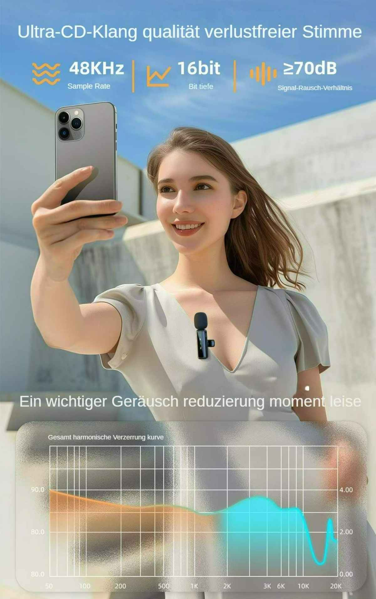 Frau, die ein Telefon hält und ein Selfie mit einem kleinen Mikrofon macht, das an ihrem Hemd befestigt ist.