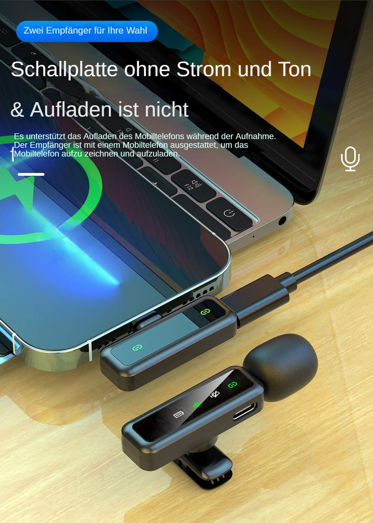 Ein Laptop, der mit zwei drahtlosen Mikrofonen verbunden ist. Eines ist am Laptop angeschlossen, das andere ein Clip-On.