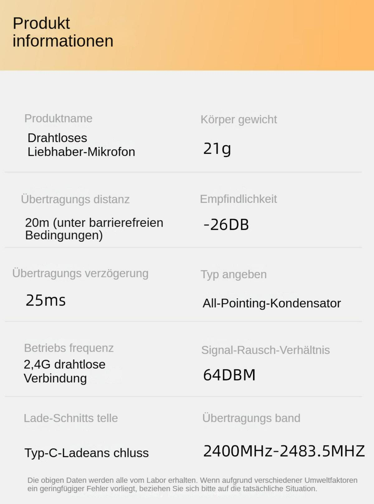 Ein Produktinformationsblatt mit Details zu einem drahtlosen Mikrofon, einschließlich Spezifikationen und Funktionen.