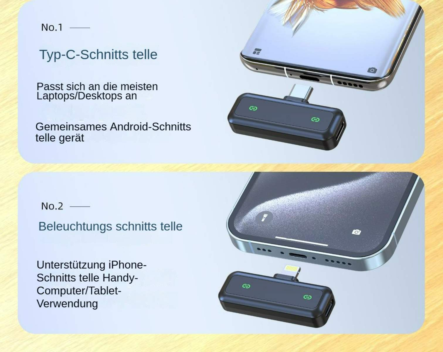 Zwei drahtlose Mikrofone, eines an einen Laptop und das andere an ein Telefon angeschlossen.