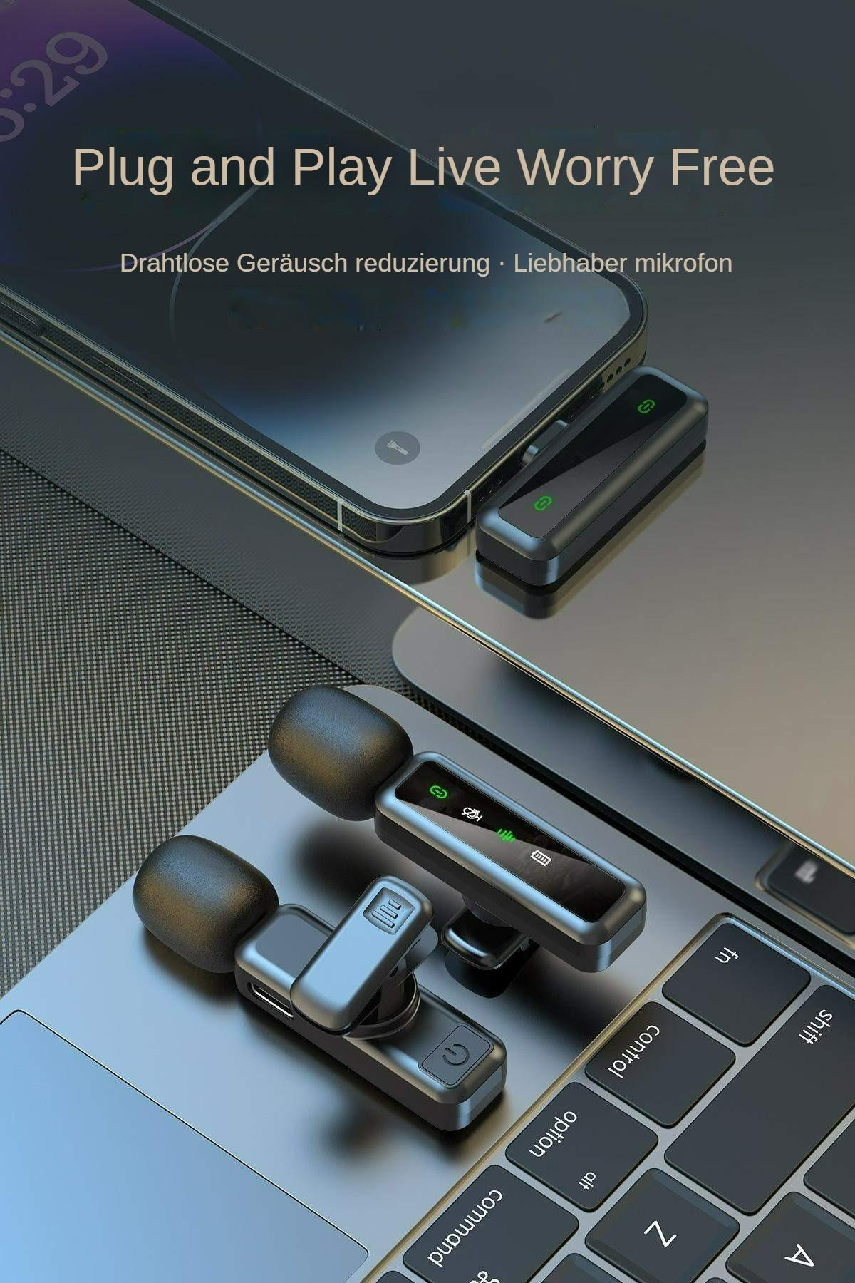 Ein Live-Aufnahme-Setup mit zwei drahtlosen Mikrofonen, die mit einem Laptop und einem Telefon verbunden sind.