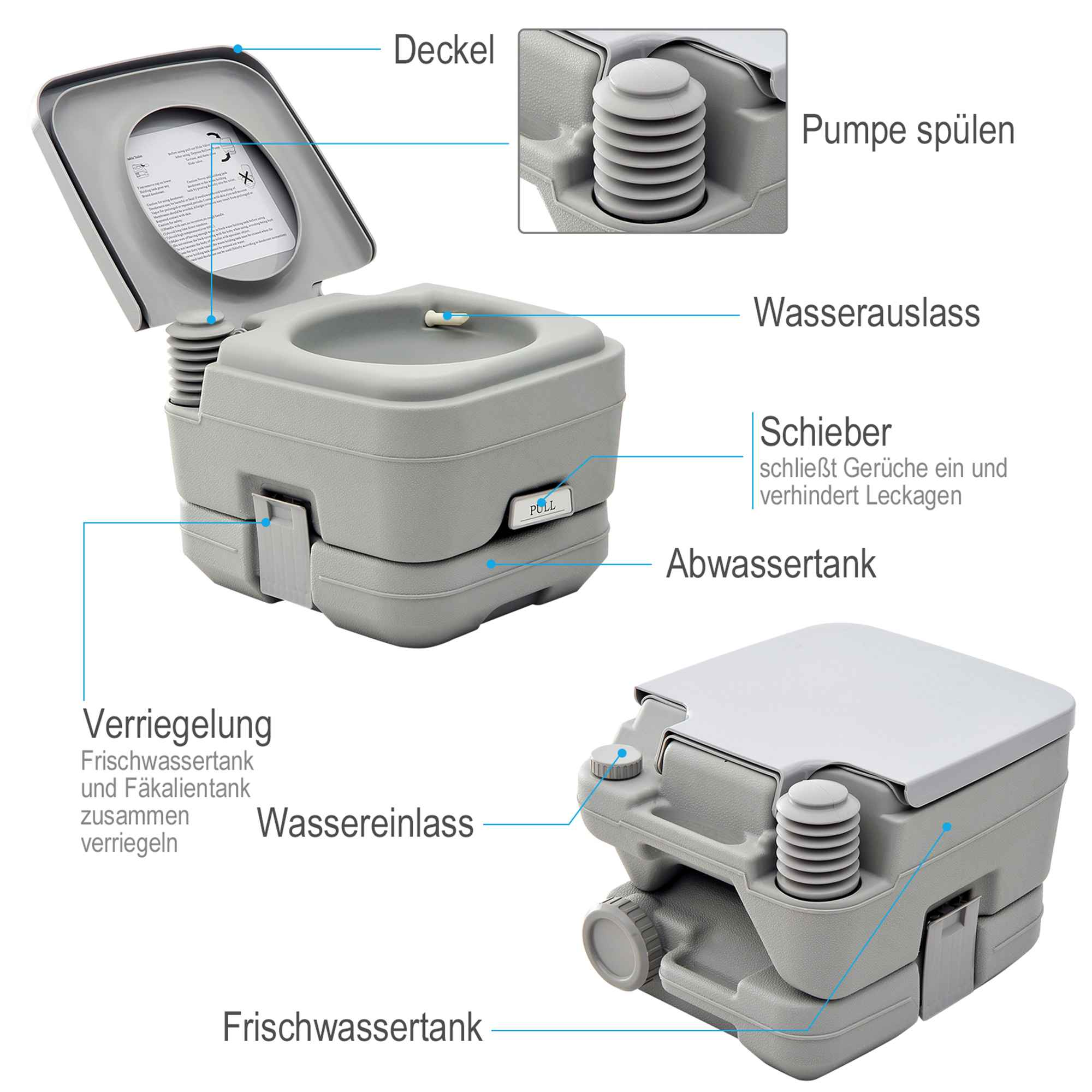 Graue tragbare Toilette mit offenem Deckel, Innenansicht und beschrifteten Komponenten.