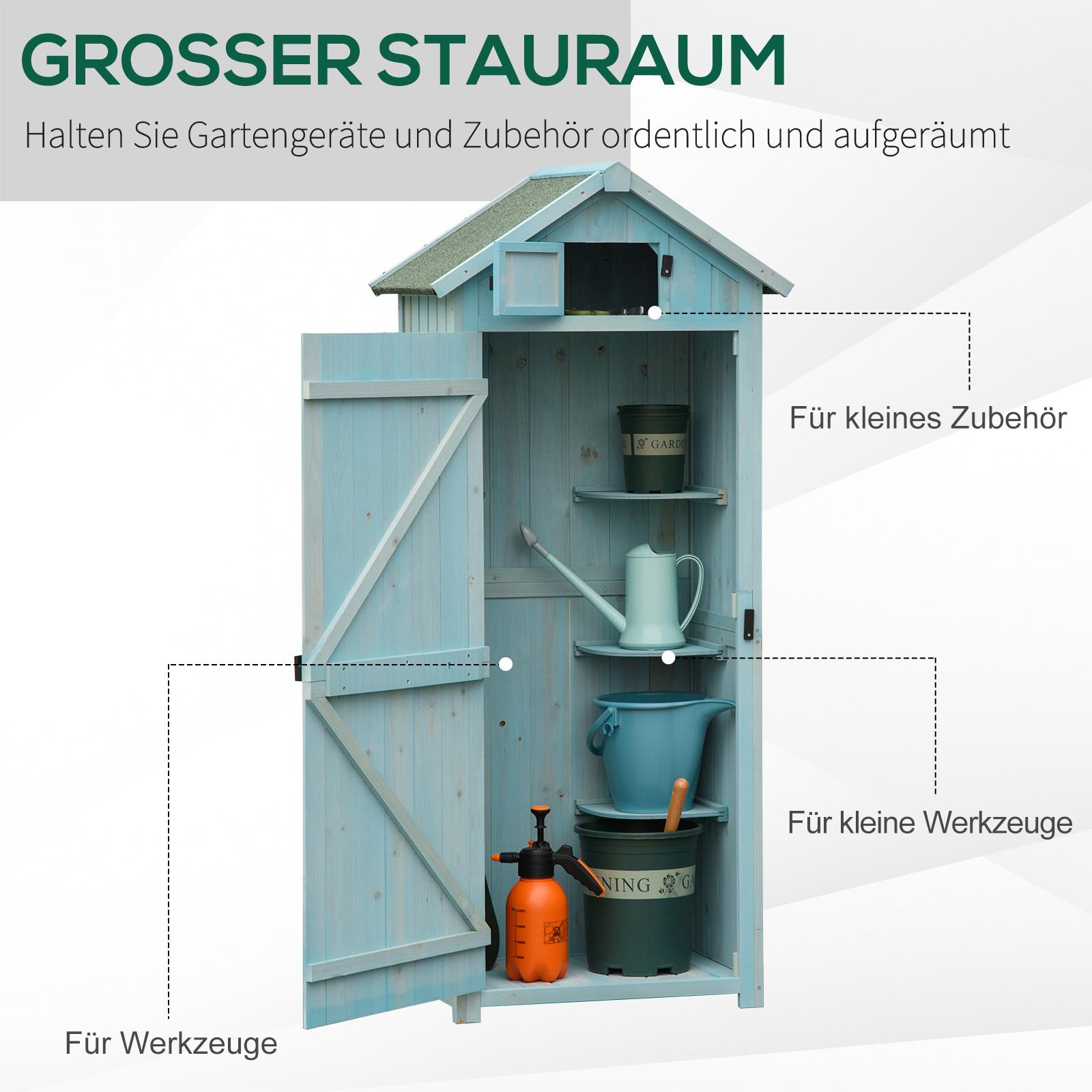Blauer Schuppen mit offener Tür. Innen Gartengeräte, Regale. Text über Lagerung und Werkzeuge.