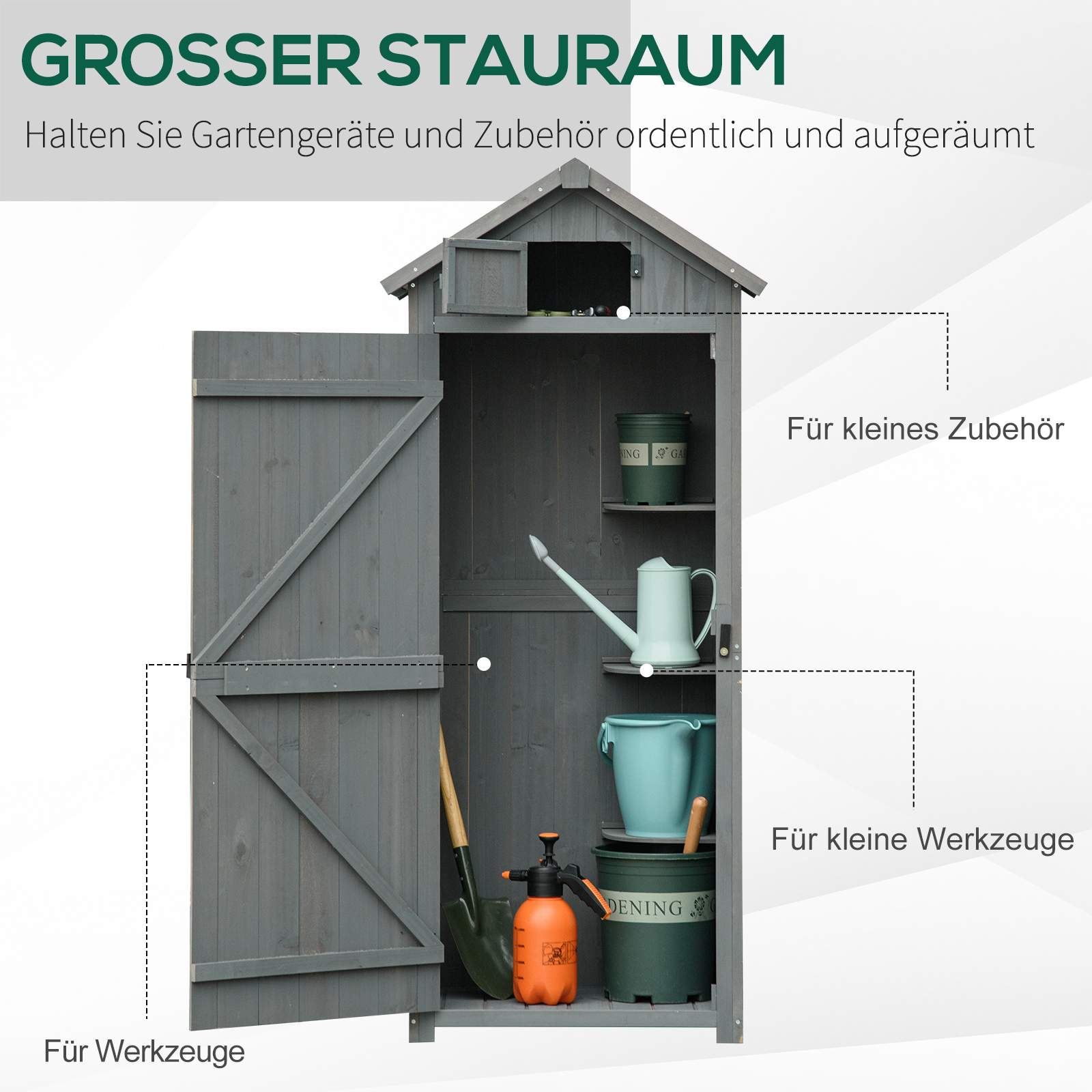 Ein hölzernes Gartenhaus mit offenen Türen, das Regale und Werkzeuge zeigt.
