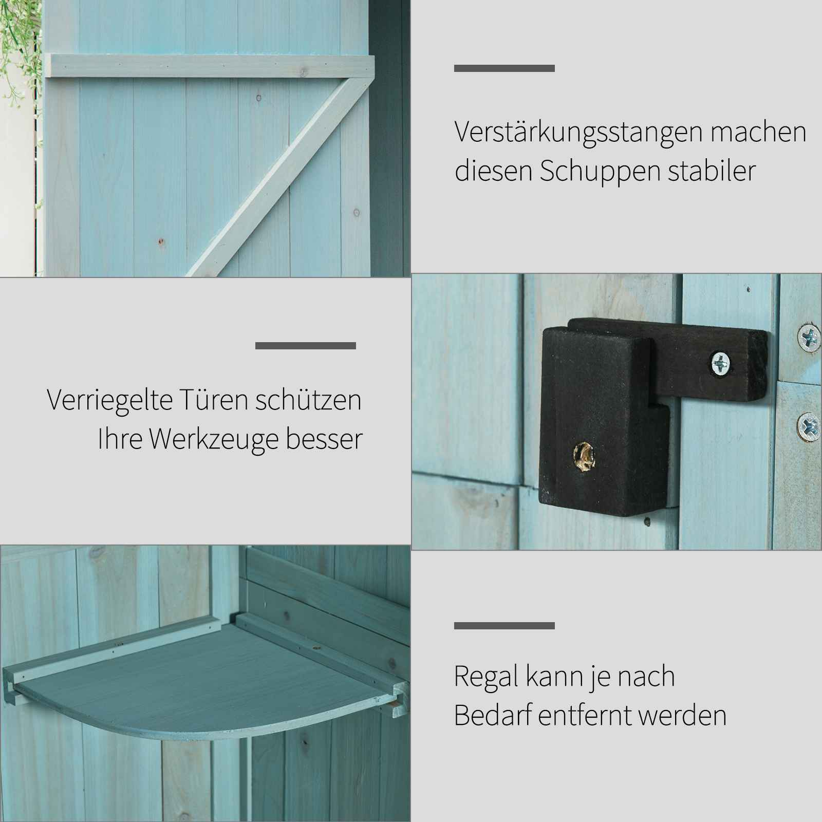 Details eines blauen Holzschuppens mit Textbeschriftungen, einschließlich Türscharnieren und Regal.