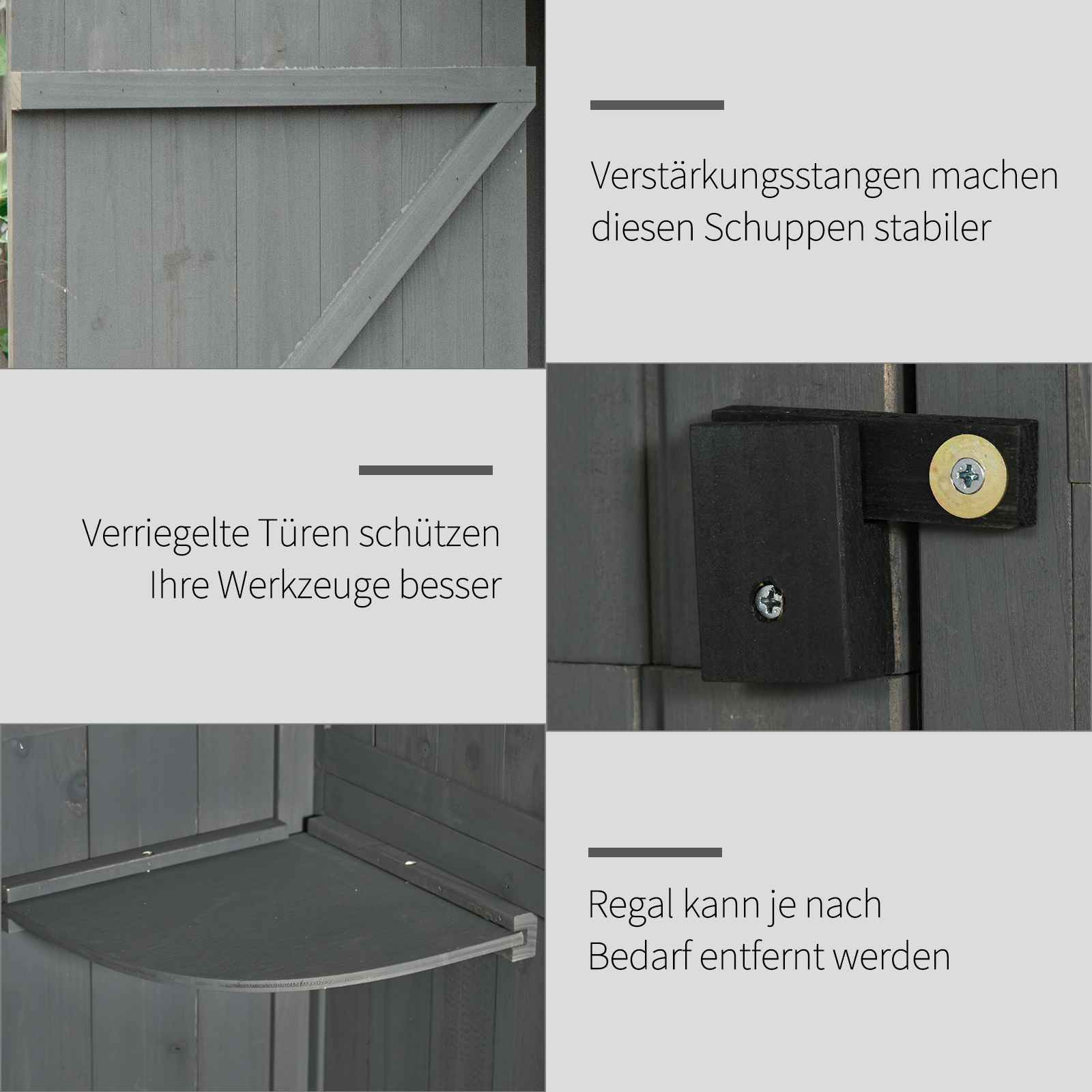 Details eines grauen Holzschuppens mit Textbeschriftungen, einschließlich Türscharnieren und Regal.