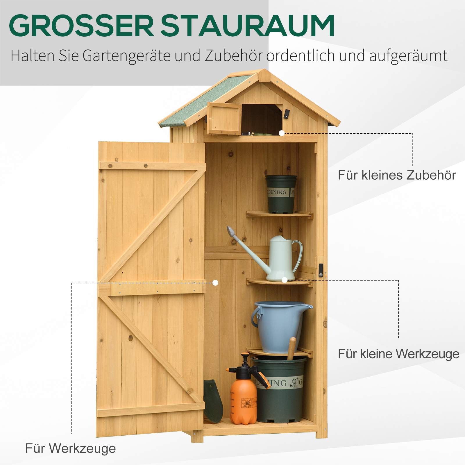 Holz-Geräteschuppen mit offenen Türen. Innen Regale mit Gartengeräten und Zubehör.