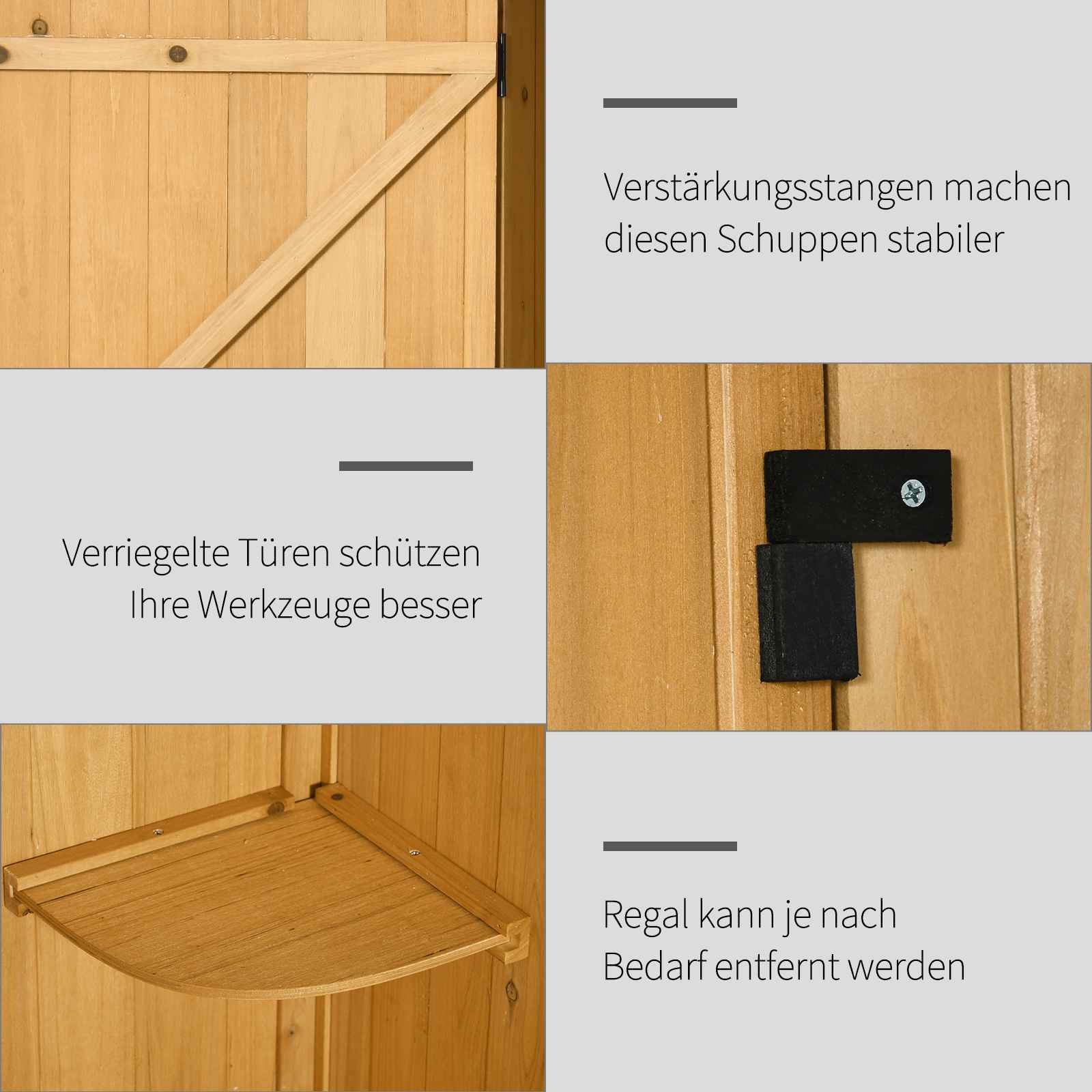Details eines Holzschuppens mit Textbeschriftungen, einschließlich Türscharnieren und Regal.