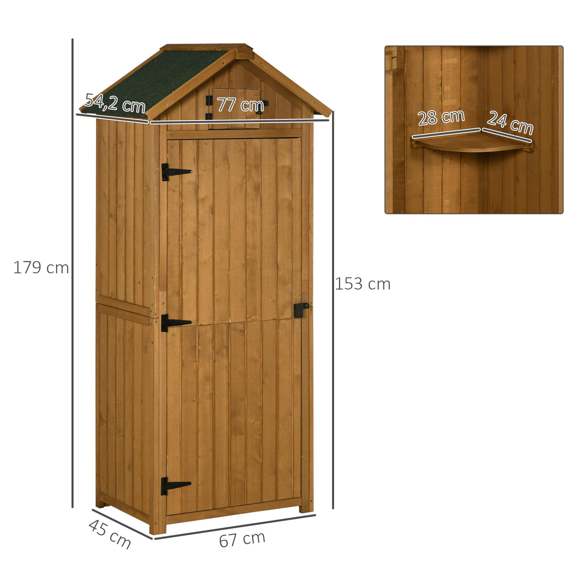Holzschuppen mit beschrifteten Abmessungen. Grünes Dach. Tür und Schuppen sind aus Holz.