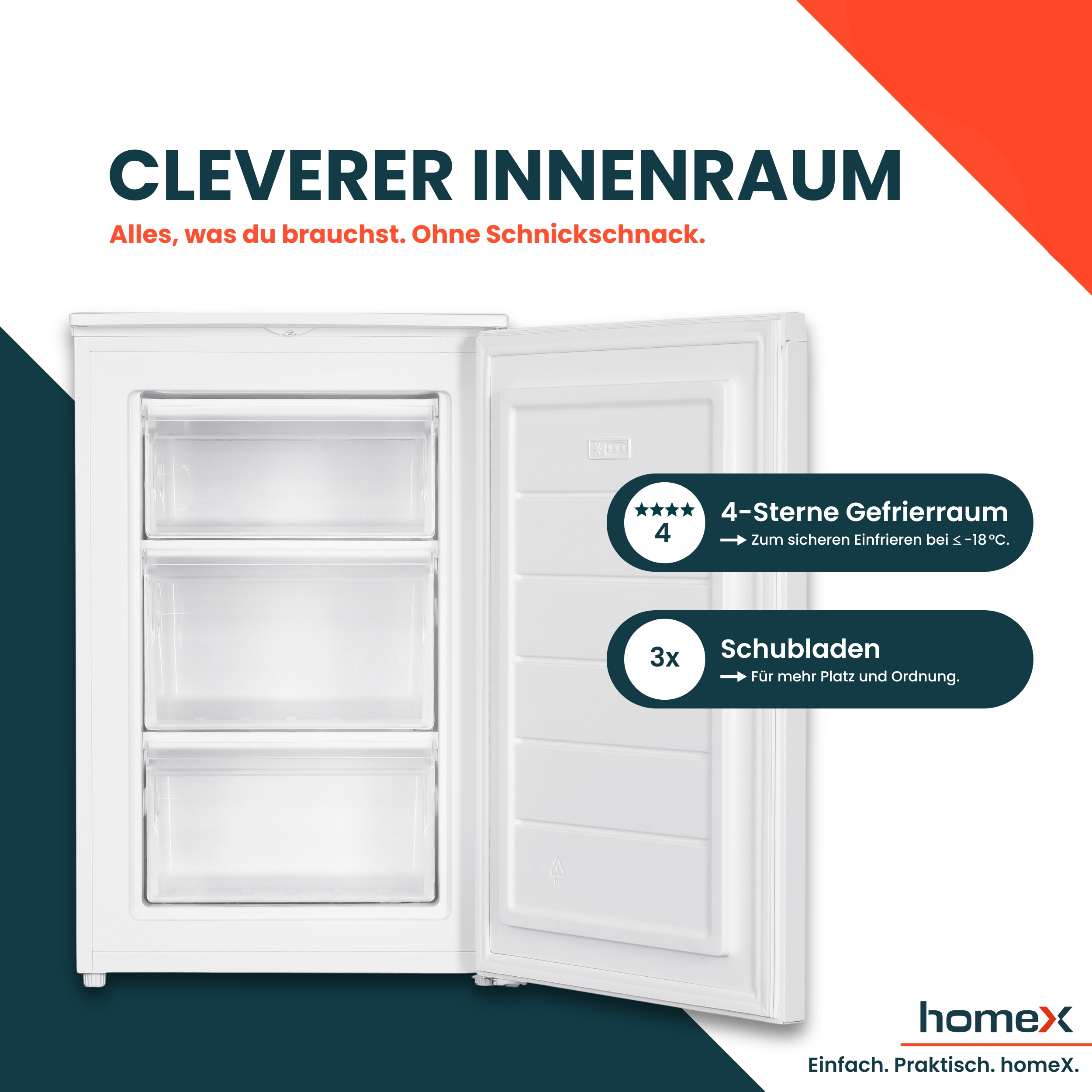 Ein weißer Gefrierschrank mit offener Tür, die drei Schubladen zeigt. Text: CLEVERER INNENRAUM und Funktionen.