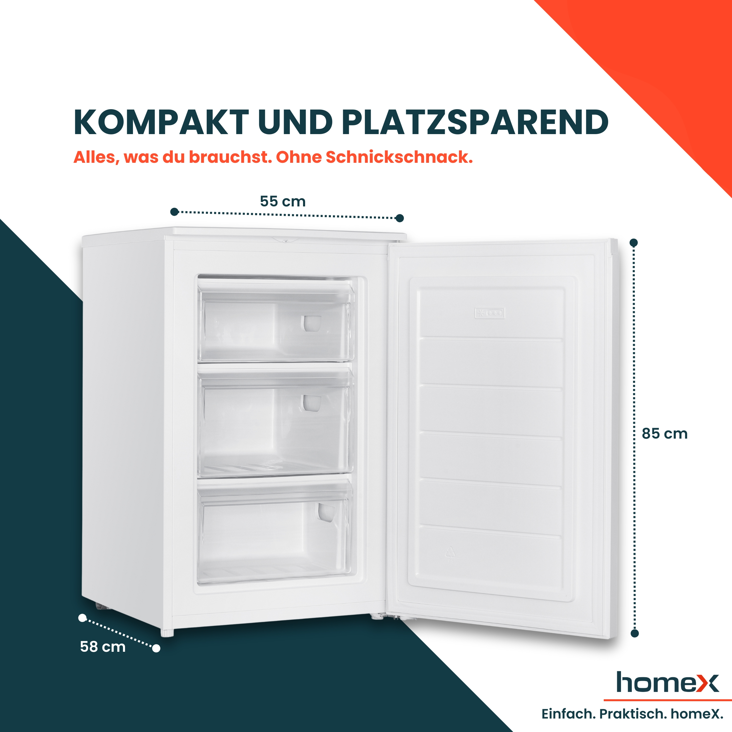 Ein weißer Gefrierschrank mit drei Schubladen, geöffnet, in einem Raum. Der Text ist auf Deutsch.