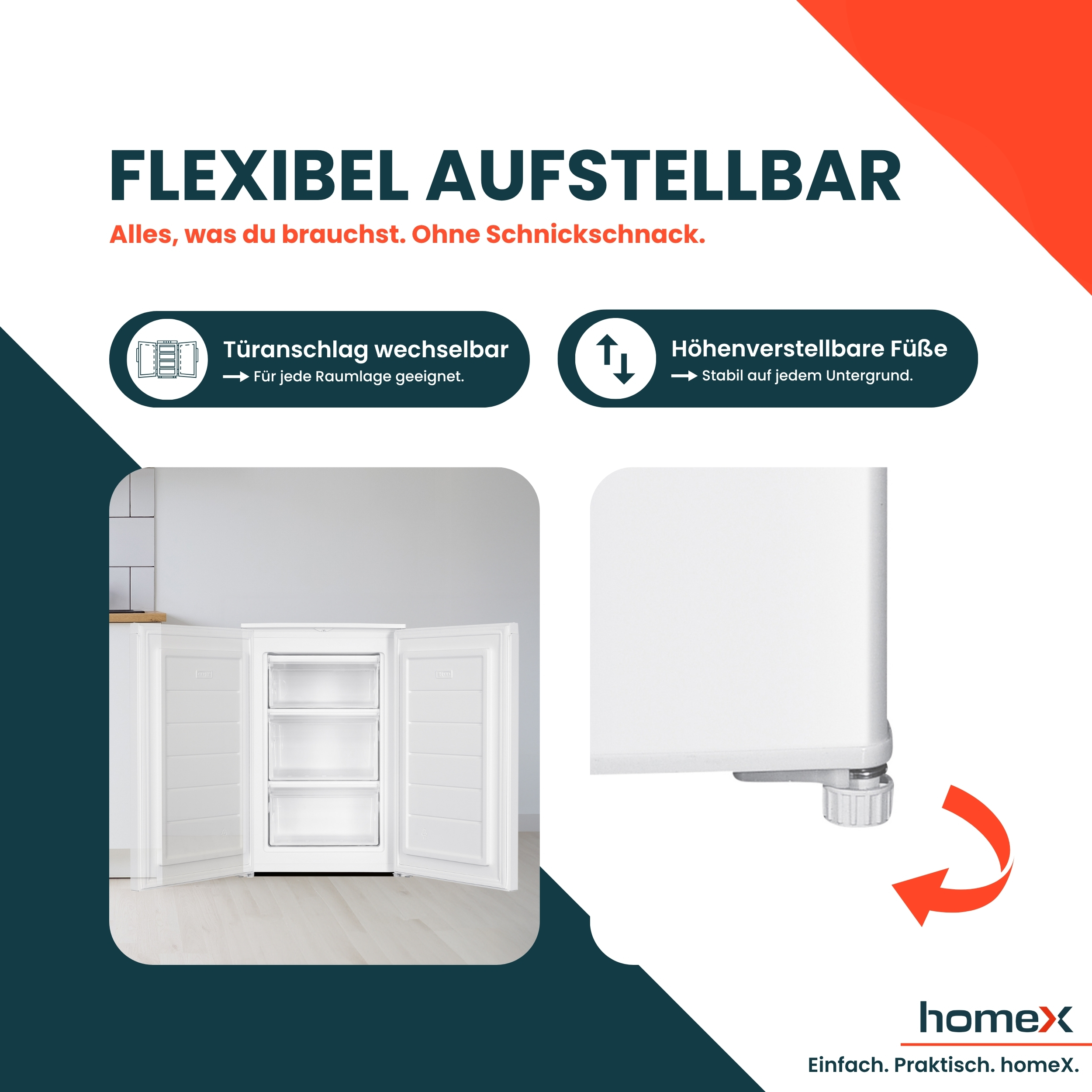 Weißer Gefrierschrank mit geöffneten Türen. Text: FLEXIBEL AUFSTELLBAR und Funktionen wie verstellbare Füße.