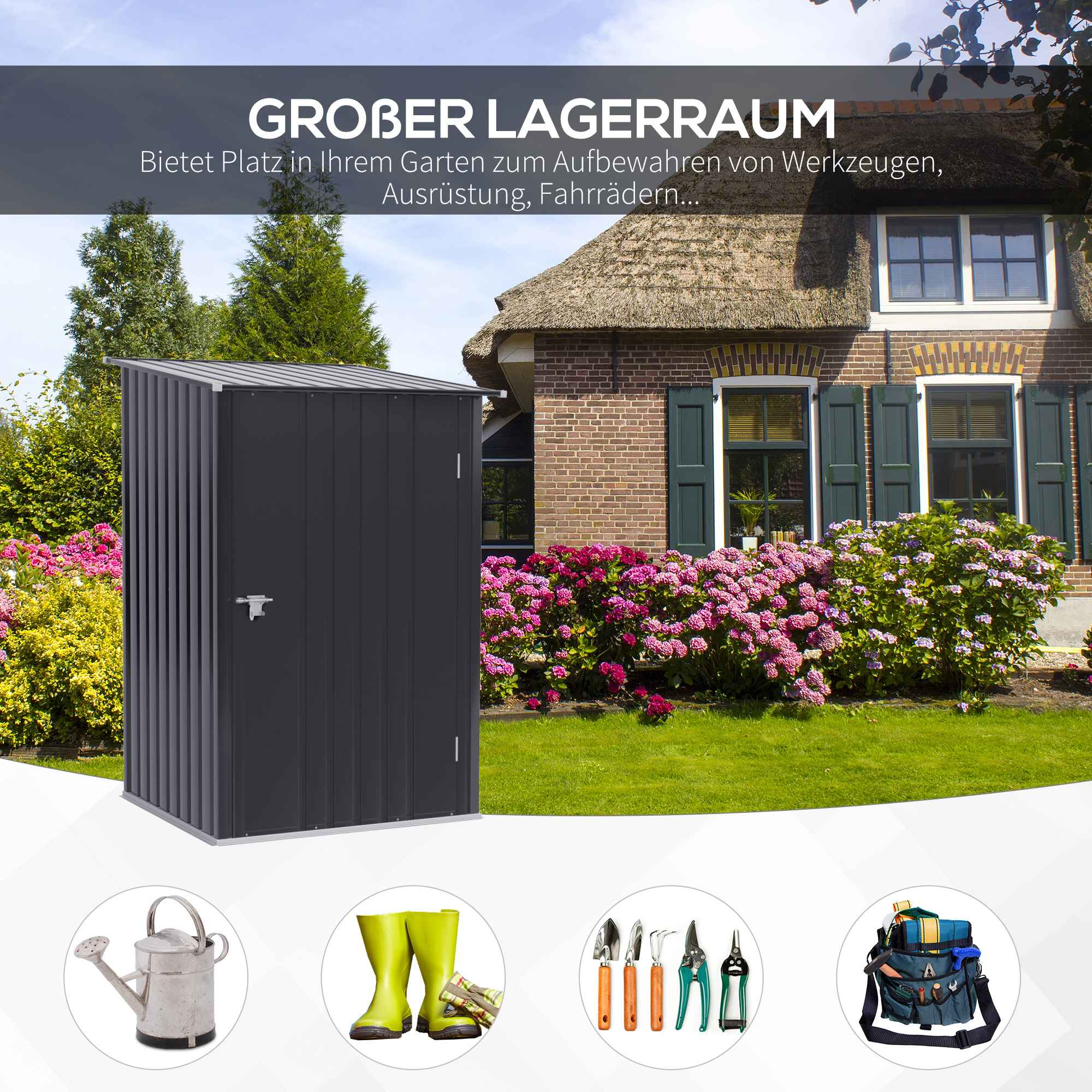 Ein schwarzes Gartenhaus in einer Gartenumgebung, mit Blumen und Werkzeugen im Vordergrund.