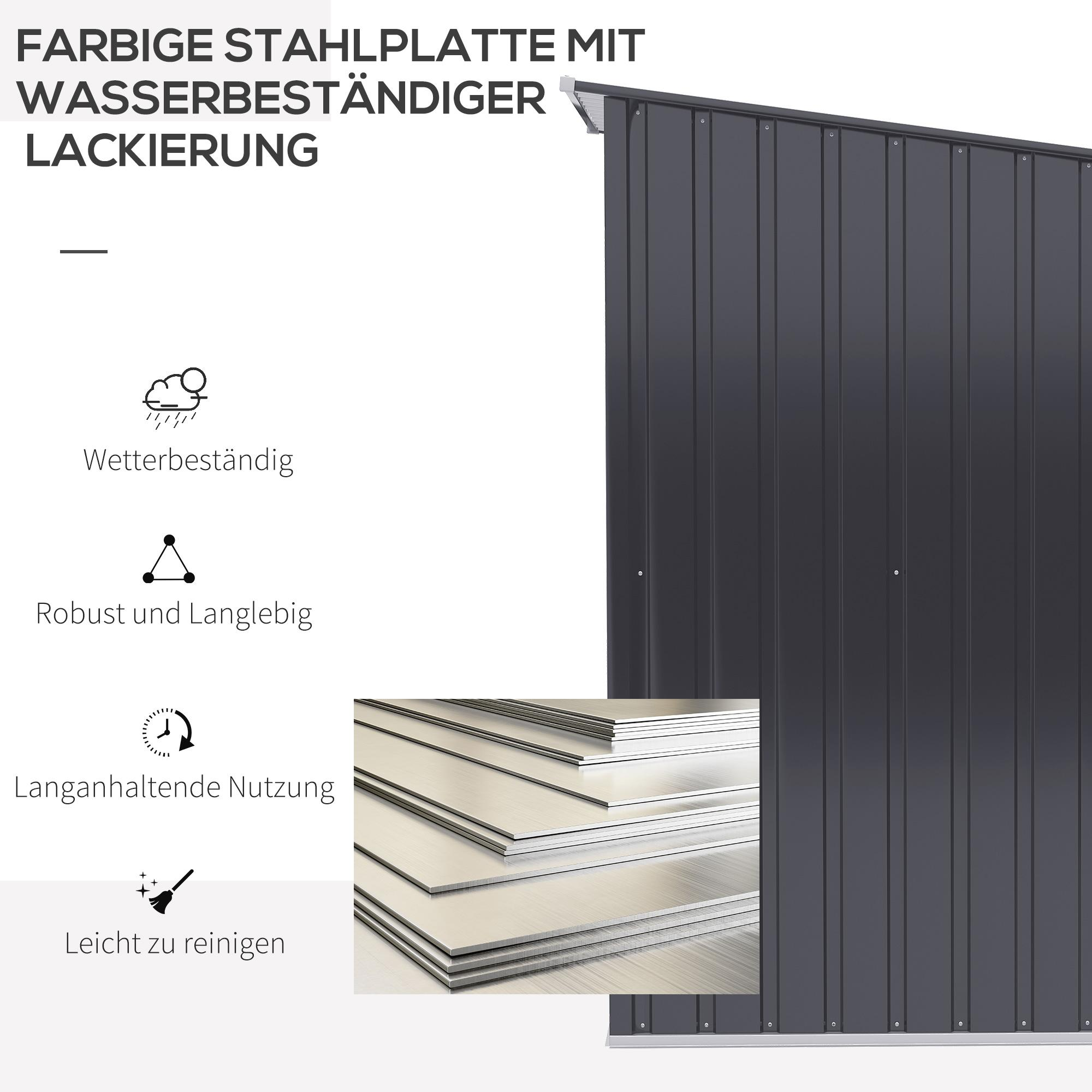 Eine dunkelgraue Stahlplatte mit wasserfester Beschichtung, mit Text dazu.