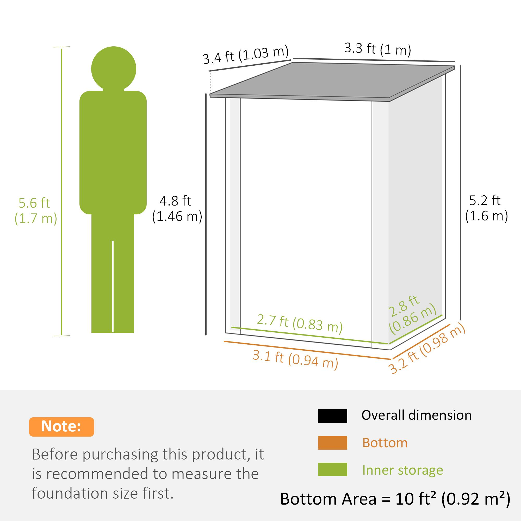 Diagramm mit Abmessungen eines Geräteschuppens. Enthält Höhe, Breite und Tiefe mit einer Personensilhouette.