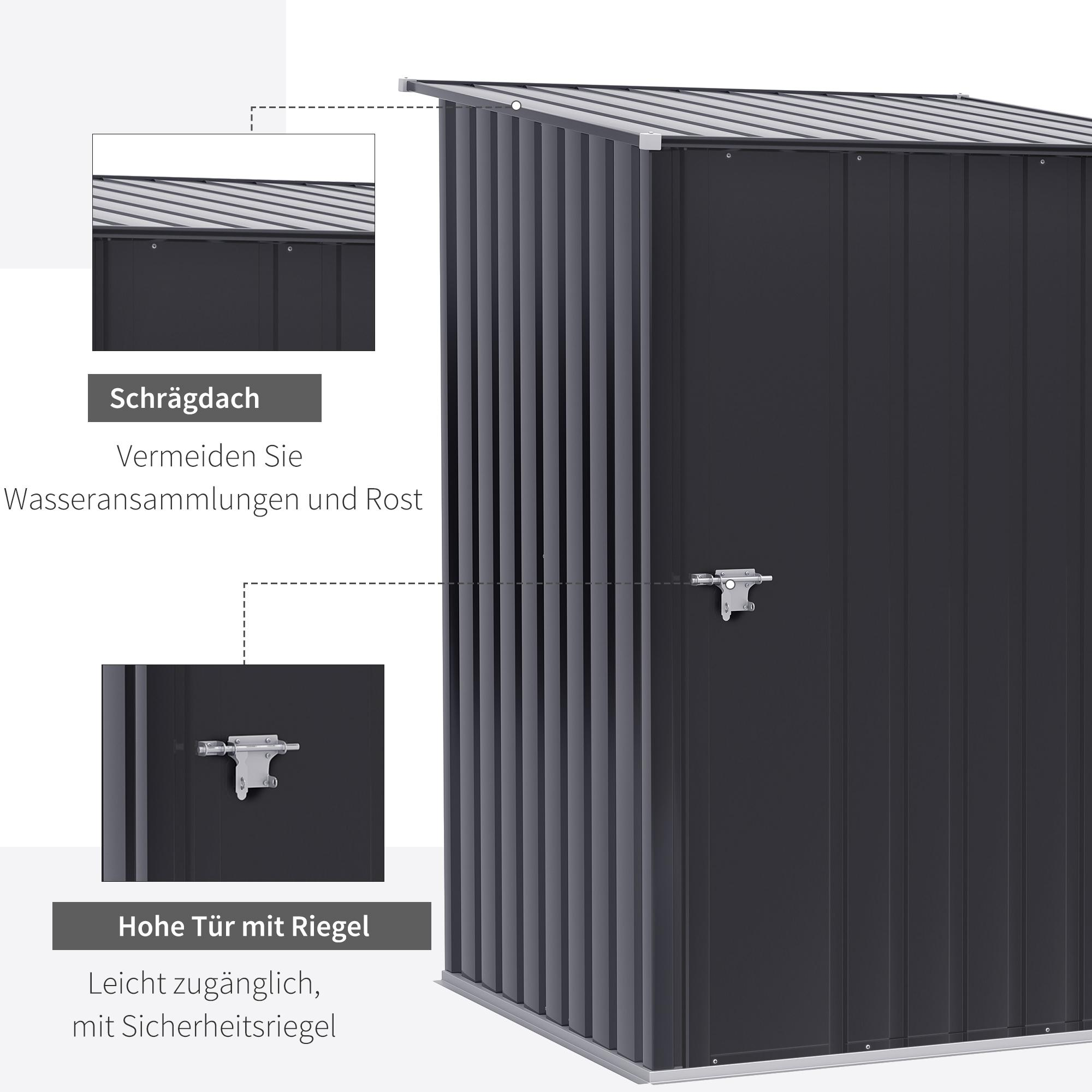 Nahaufnahme eines Metall-Geräteschuppens mit Details wie geneigtem Dach, Tür und Sicherheitsriegel.