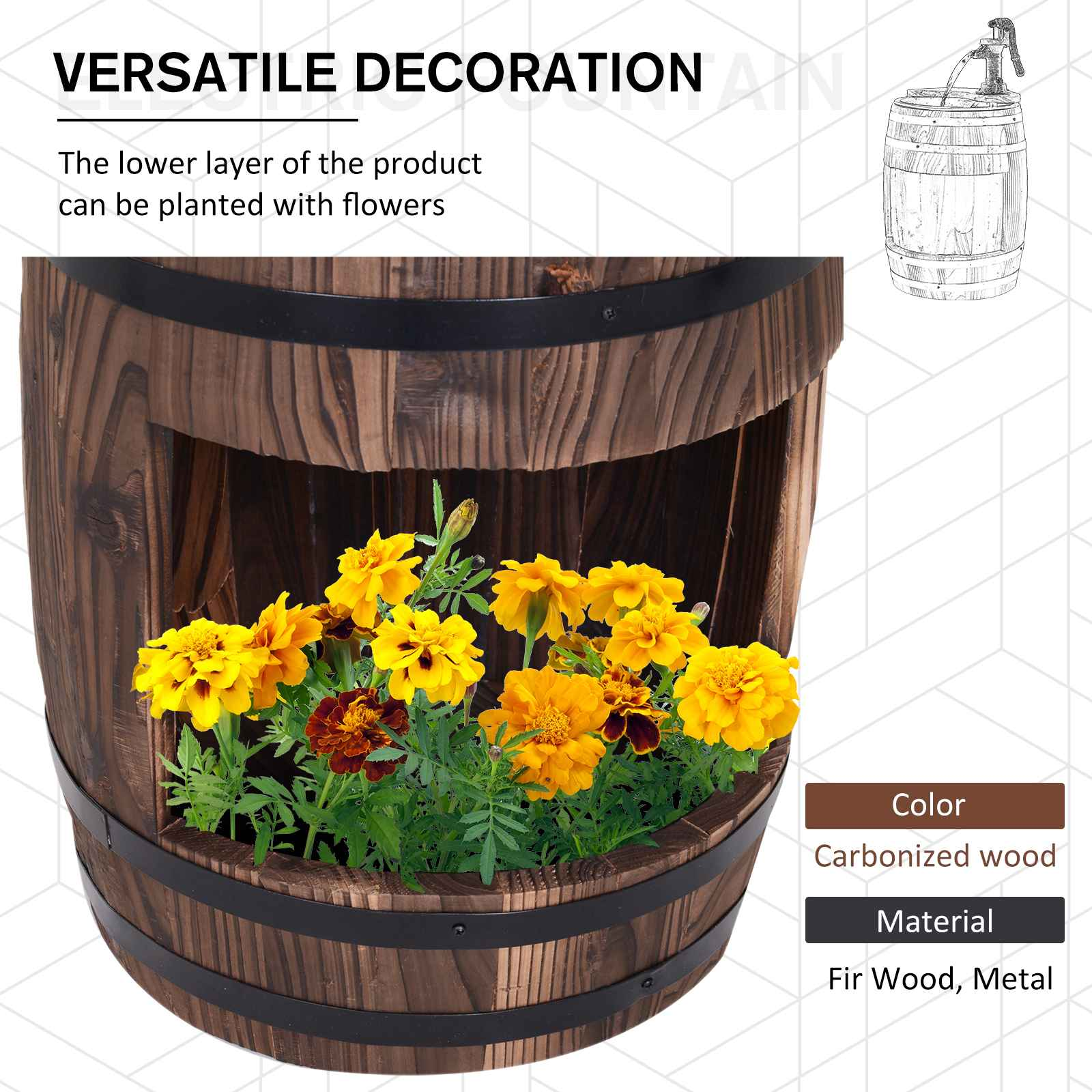 Holzfassbrunnen mit gelben Blumen in der unteren Schicht. Das Fass hat schwarze Metallbänder und steht im Garten.