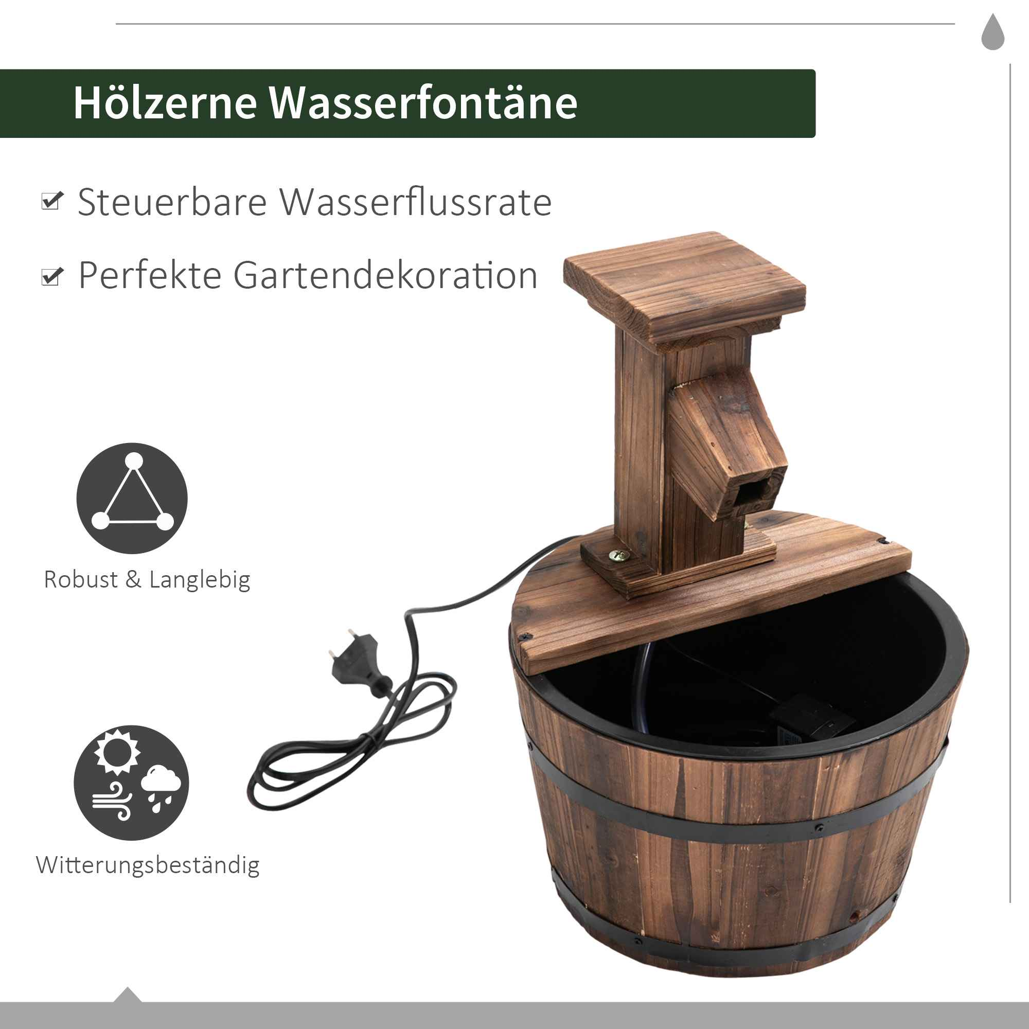 Holzbrunnen mit Text und Symbolen. Enthält eine fassförmige Basis, eine kleine Pumpe und ein Netzkabel.