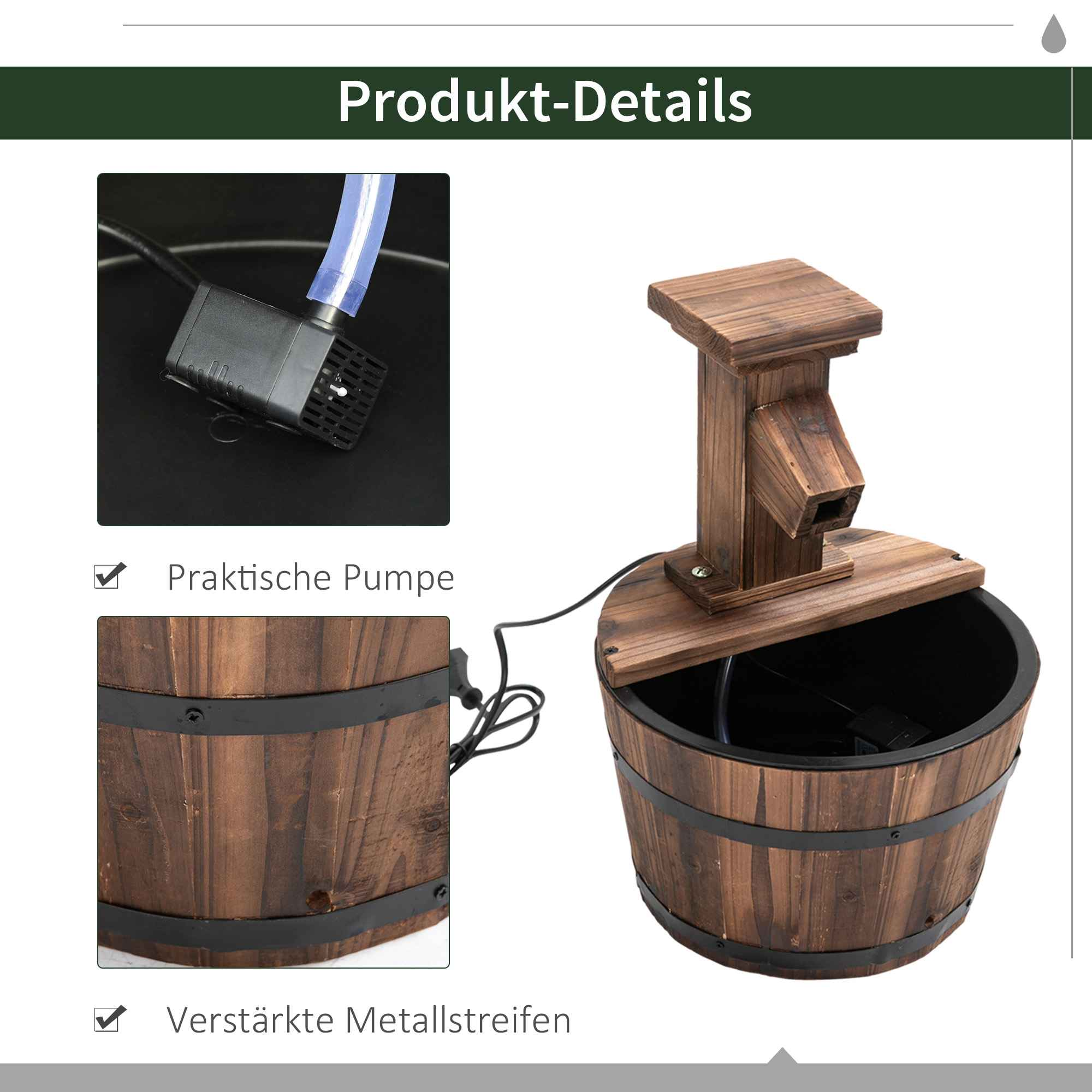 Nahaufnahme eines Holzbrunnens, der die Pumpe, die Metallbänder des Fasses und die Details der Wasserpumpe zeigt.