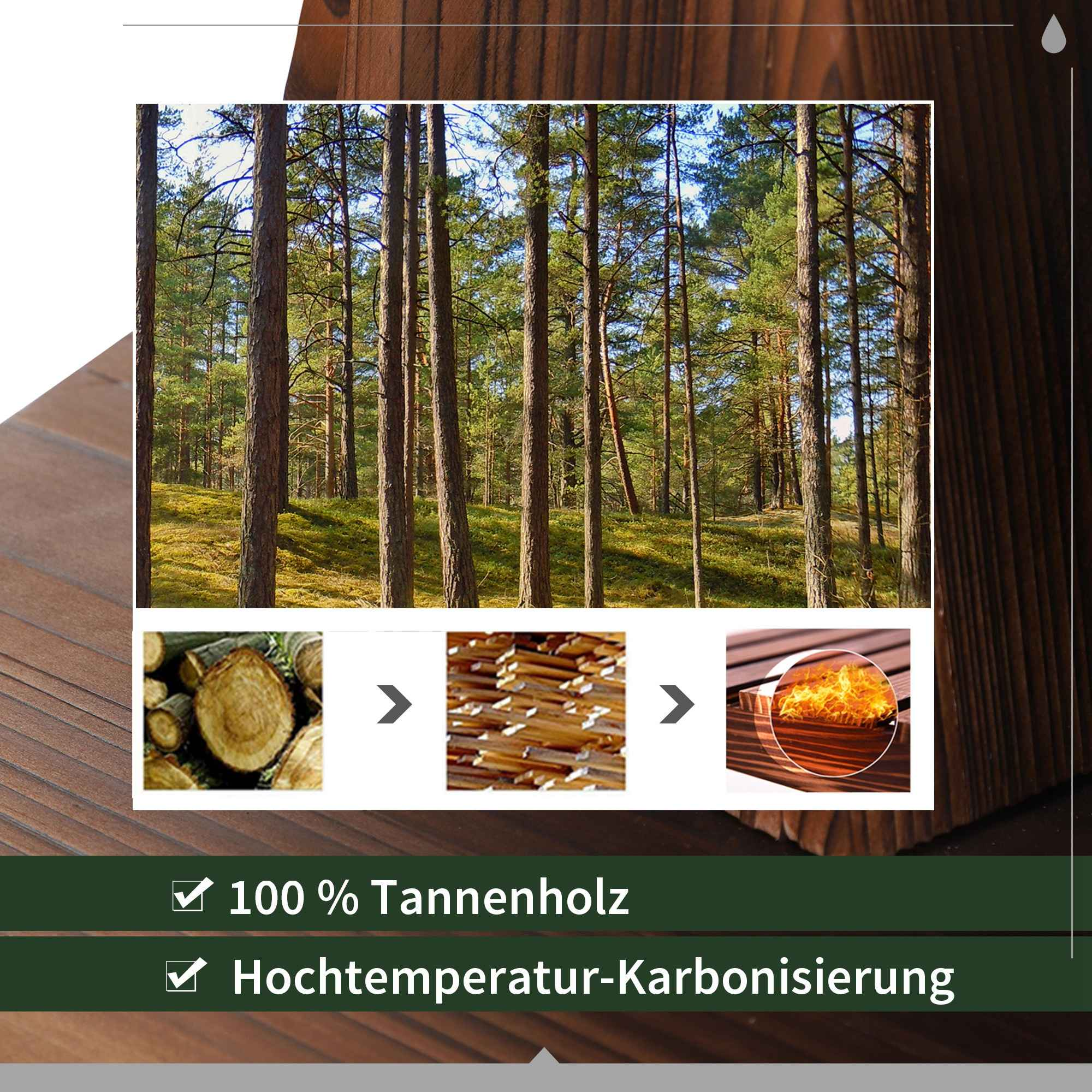 Bild, das den Prozess der Karbonisierung von Holz mit dem Endergebnis zeigt.
