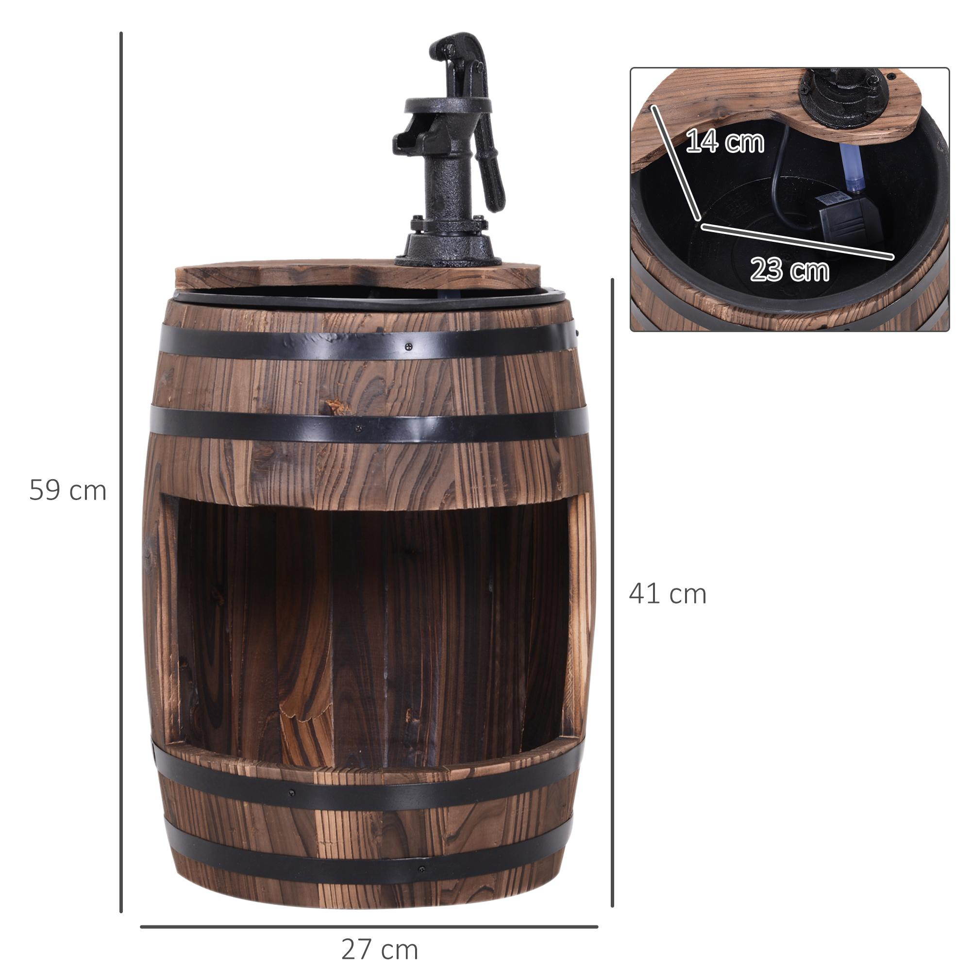 Holzfass-Wasserbrunnen mit angezeigten Abmessungen und einer Pumpe oben.