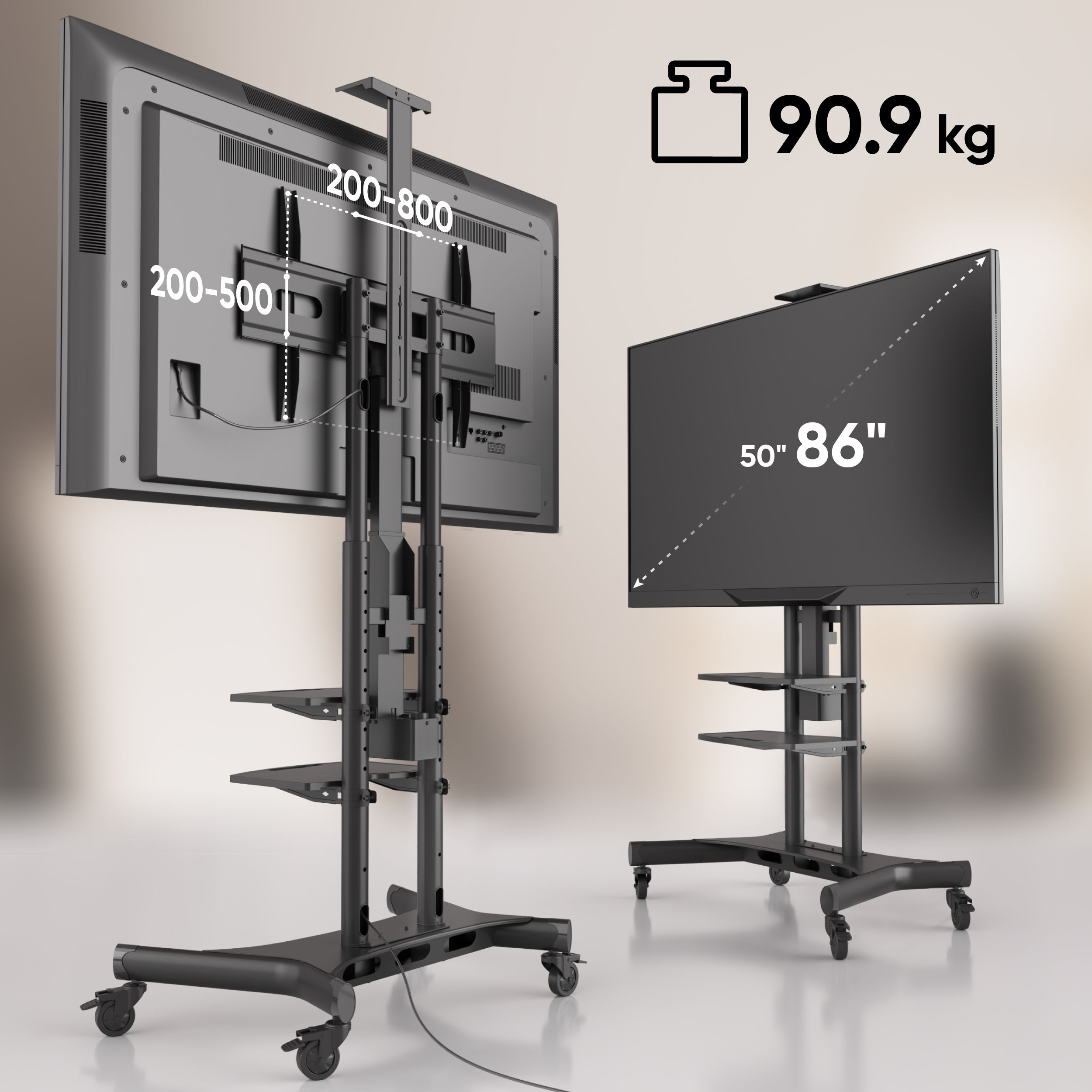 Dwa telewizory na stojakach, z wymiarami i wskaźnikiem wagi. Jeden telewizor ma czarny ekran.