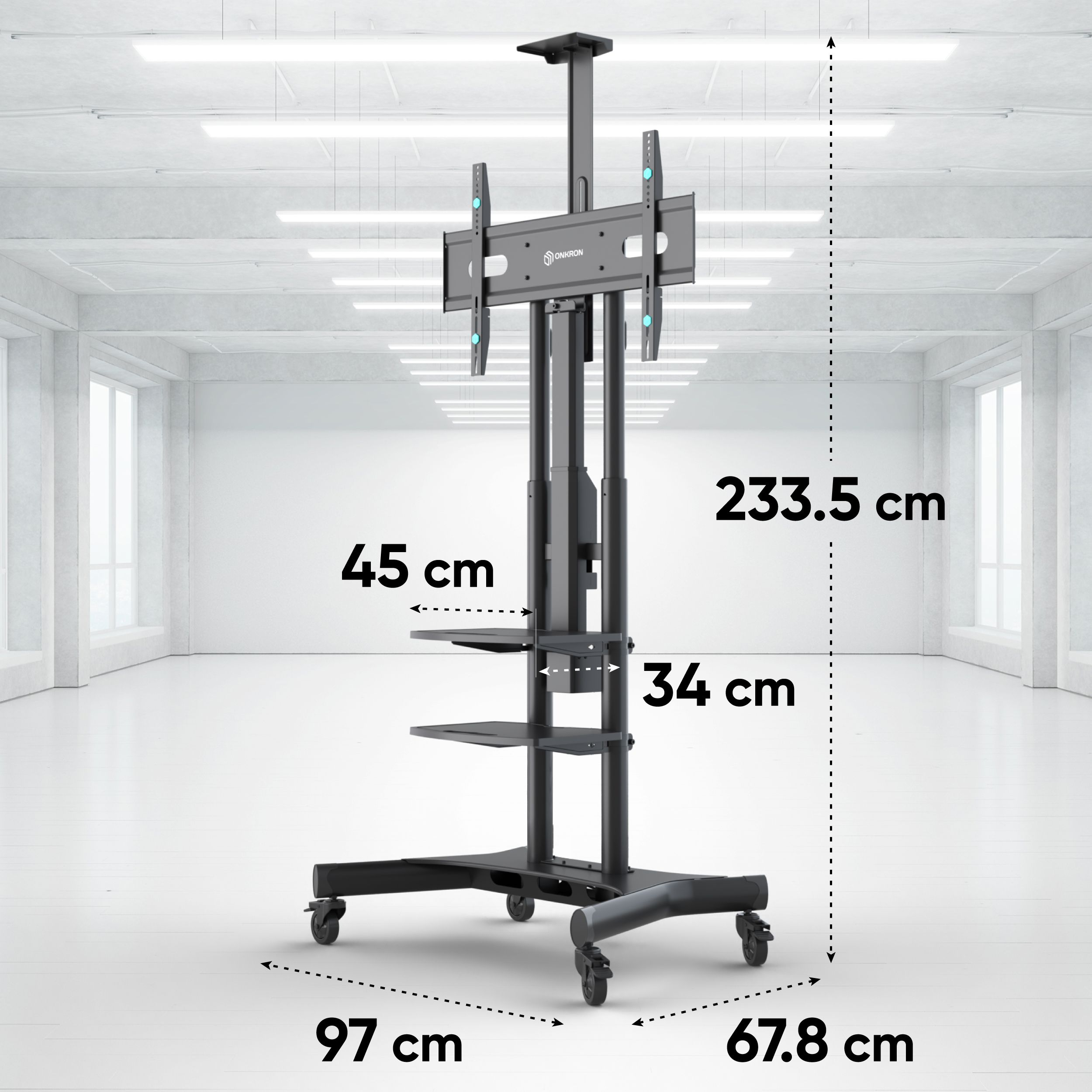 Czarny stojak pod telewizor z wymiarami i półkami, w jasnym, białym pomieszczeniu.